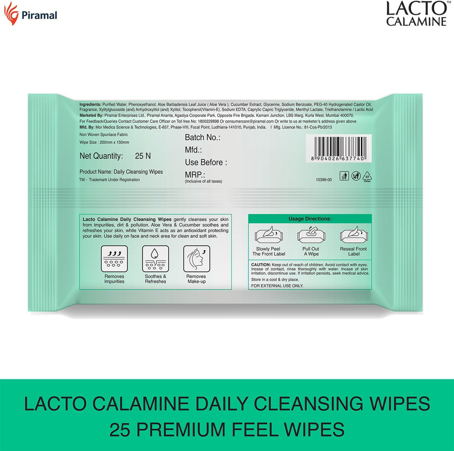 Image of Lacto Calamine Daily Cleansing wipe with Aloe Vera, Cucumber, Vitamin E, Paraben & Alcohol Free Makeup Remover