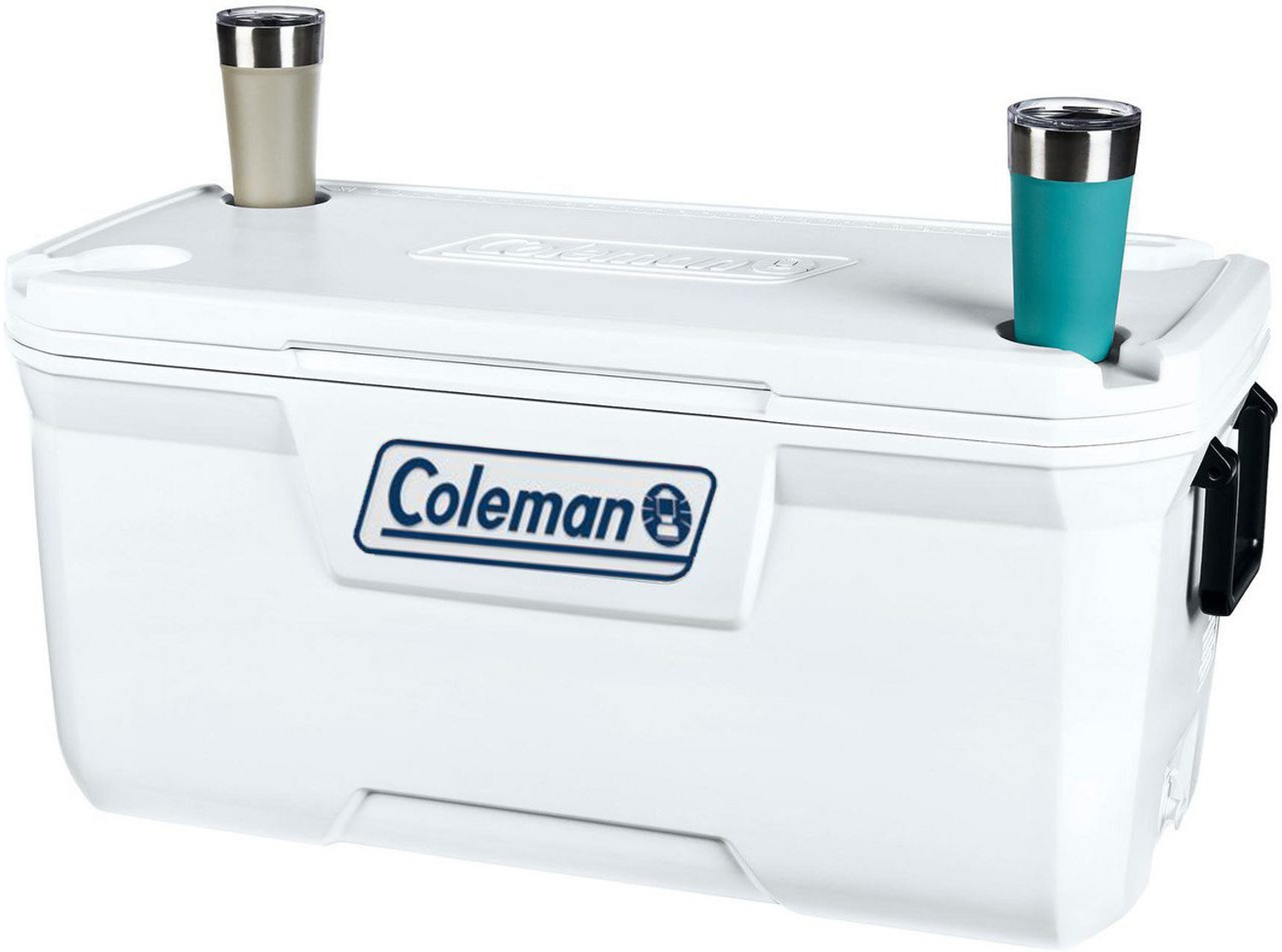 Image of COLEMAN 120 QT Xtreme Marine Ice Box, extra large 113L cooler box, holds ice for up to 5 days, capacity 204 cans, superior insulation, UV protection, high-quality made in USA, blue