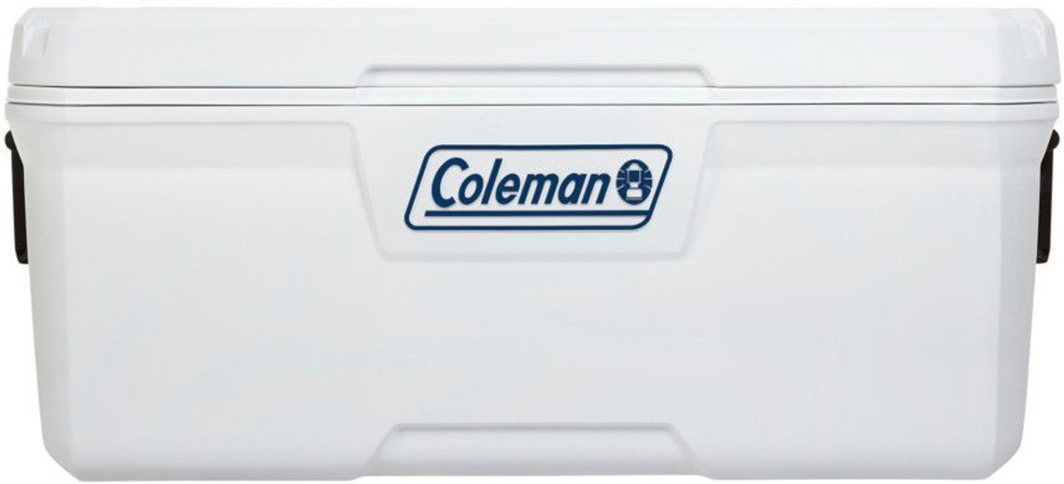 Image of COLEMAN 120 QT Xtreme Marine Ice Box, extra large 113L cooler box, holds ice for up to 5 days, capacity 204 cans, superior insulation, UV protection, high-quality made in USA, blue