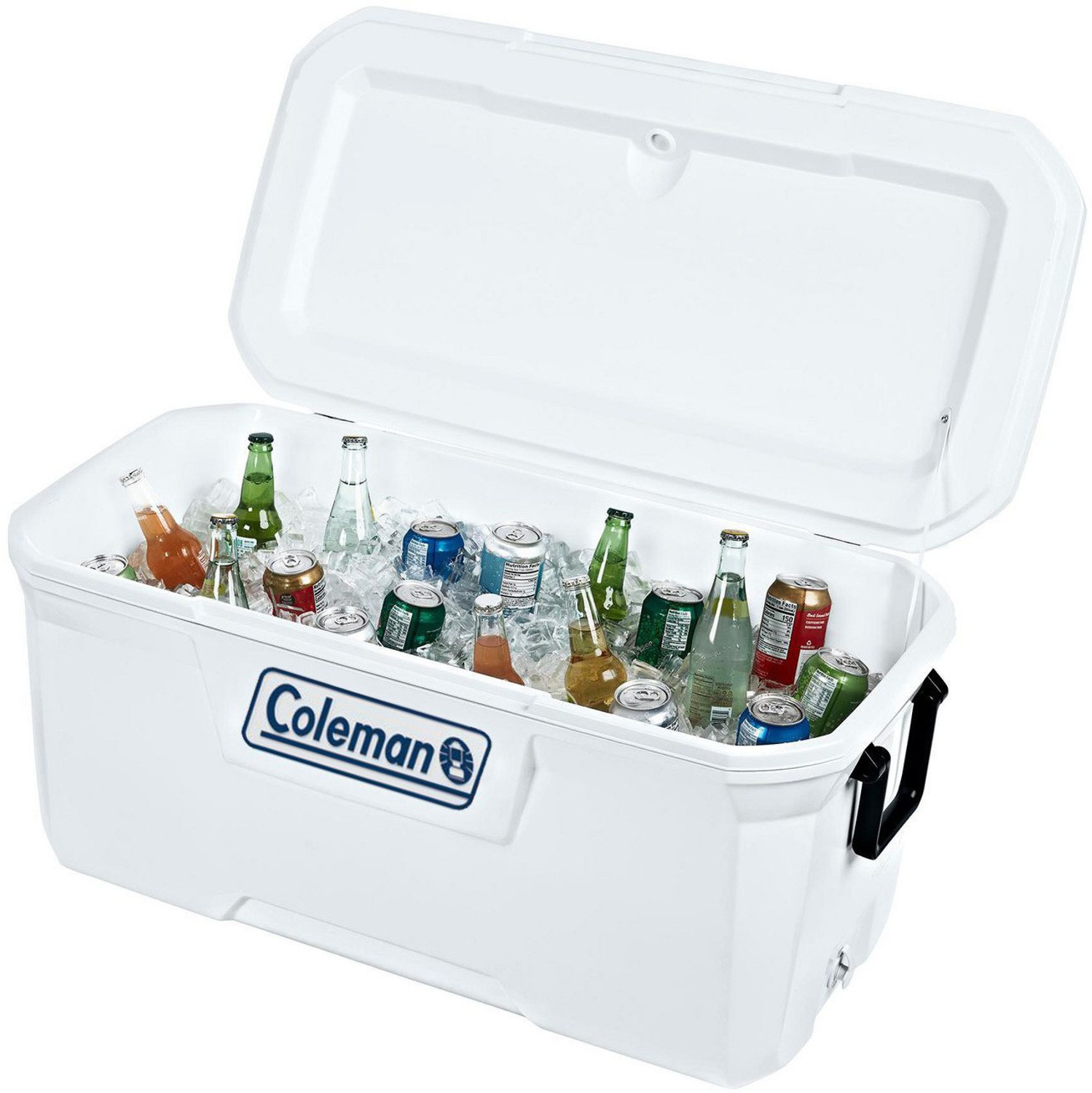 Image of COLEMAN 120 QT Xtreme Marine Ice Box, extra large 113L cooler box, holds ice for up to 5 days, capacity 204 cans, superior insulation, UV protection, high-quality made in USA, blue
