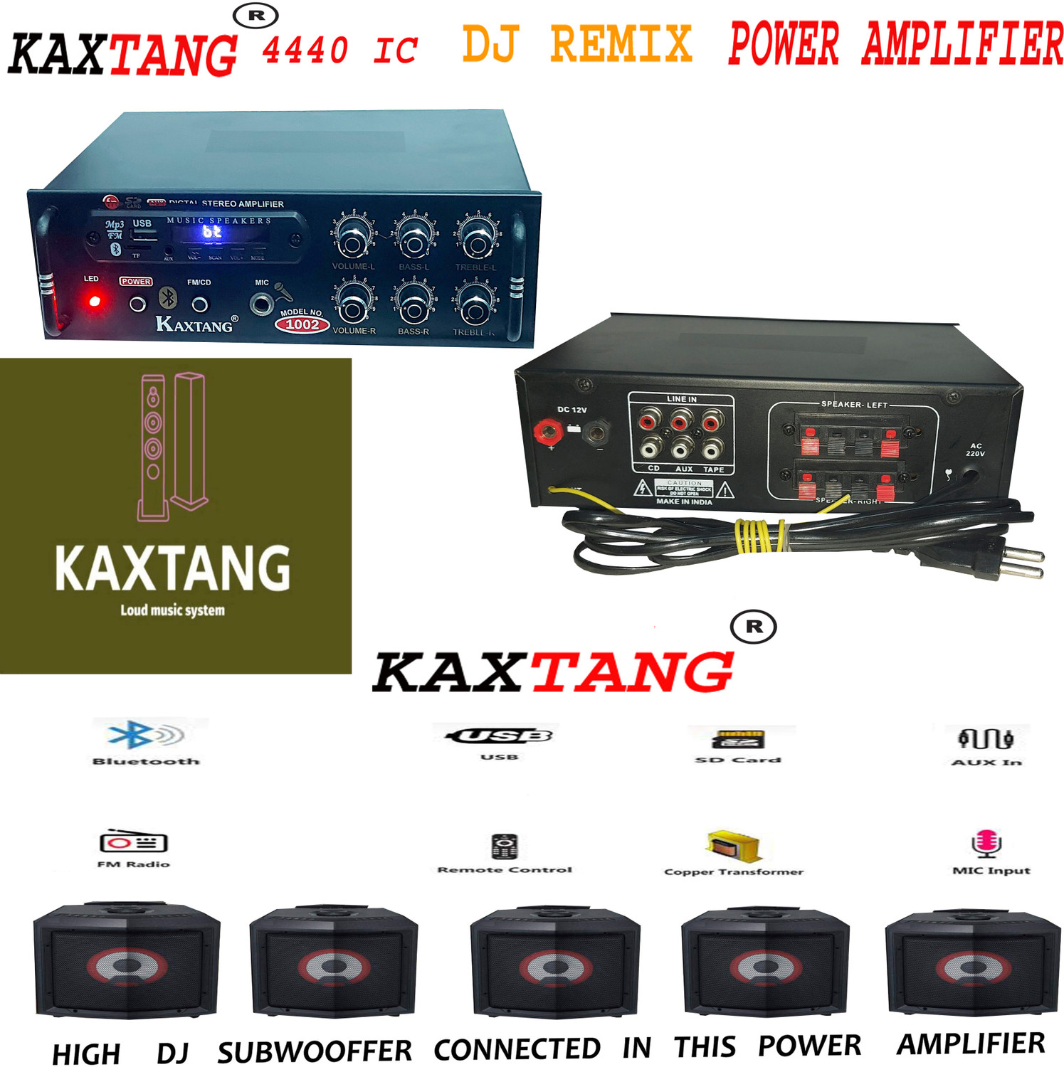 Image of KAXTANG OPTIPLEX DJ REMIX 1002 VERSION WITH BETTER SOUND QUALITY NEW SERIES DJ remix Amplifier Modify chasis Bluetooth Full Black Digital Stereo Amplifier BT / USB / /SD Card /FM /AUX 60 W AV Power Amplifier (Black) 60 W AV Power Amplifier (Black) 160 W AV Power Amplifier