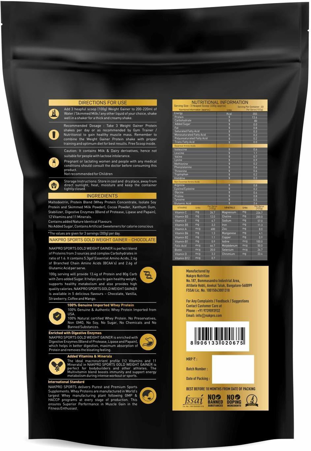 Image of Nakpro Sports Gold Weight Gainer Protein Powder - (3 Kg - 30 Servings) Weight Gainers /Mass Gainers