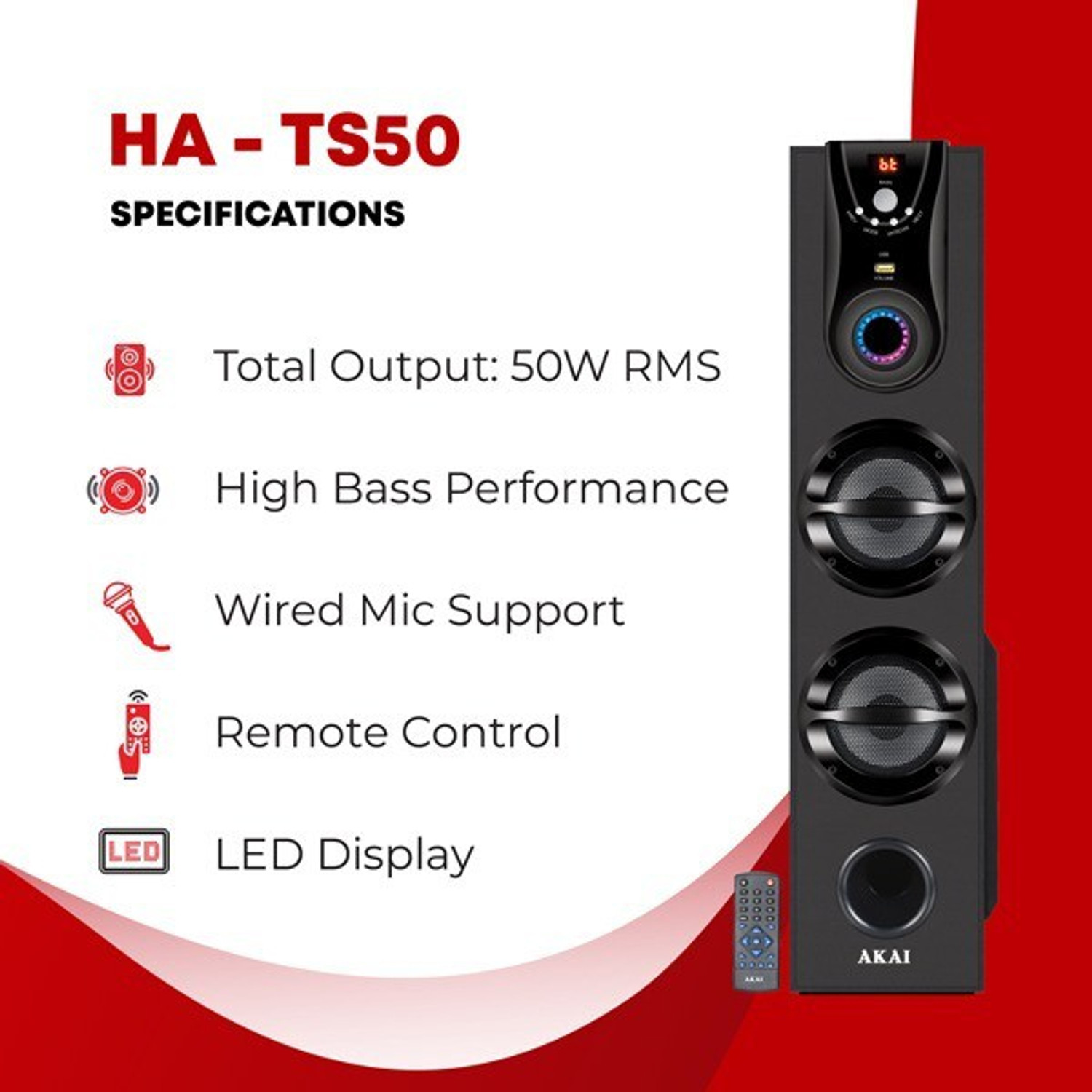 Image of Akai HA-TS50 Led Display USB,FM,Home Theatre Extreme bass Karaoke support 50 W Bluetooth Tower Speaker