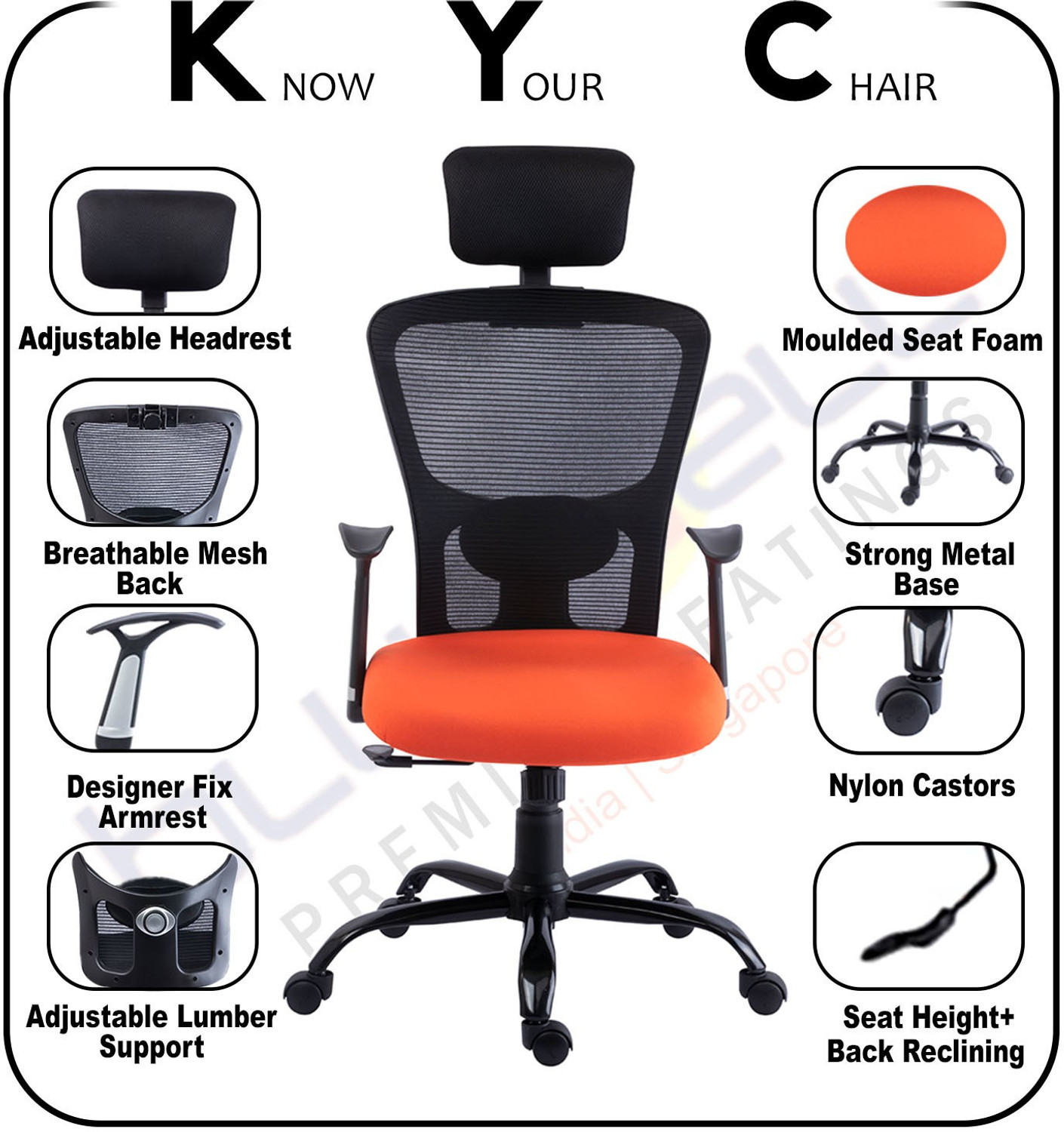 Image of Bluebell POLO Ergonomic high back revolving office | executive | study chair (Orange) Nylon, Mesh Office Executive Chair