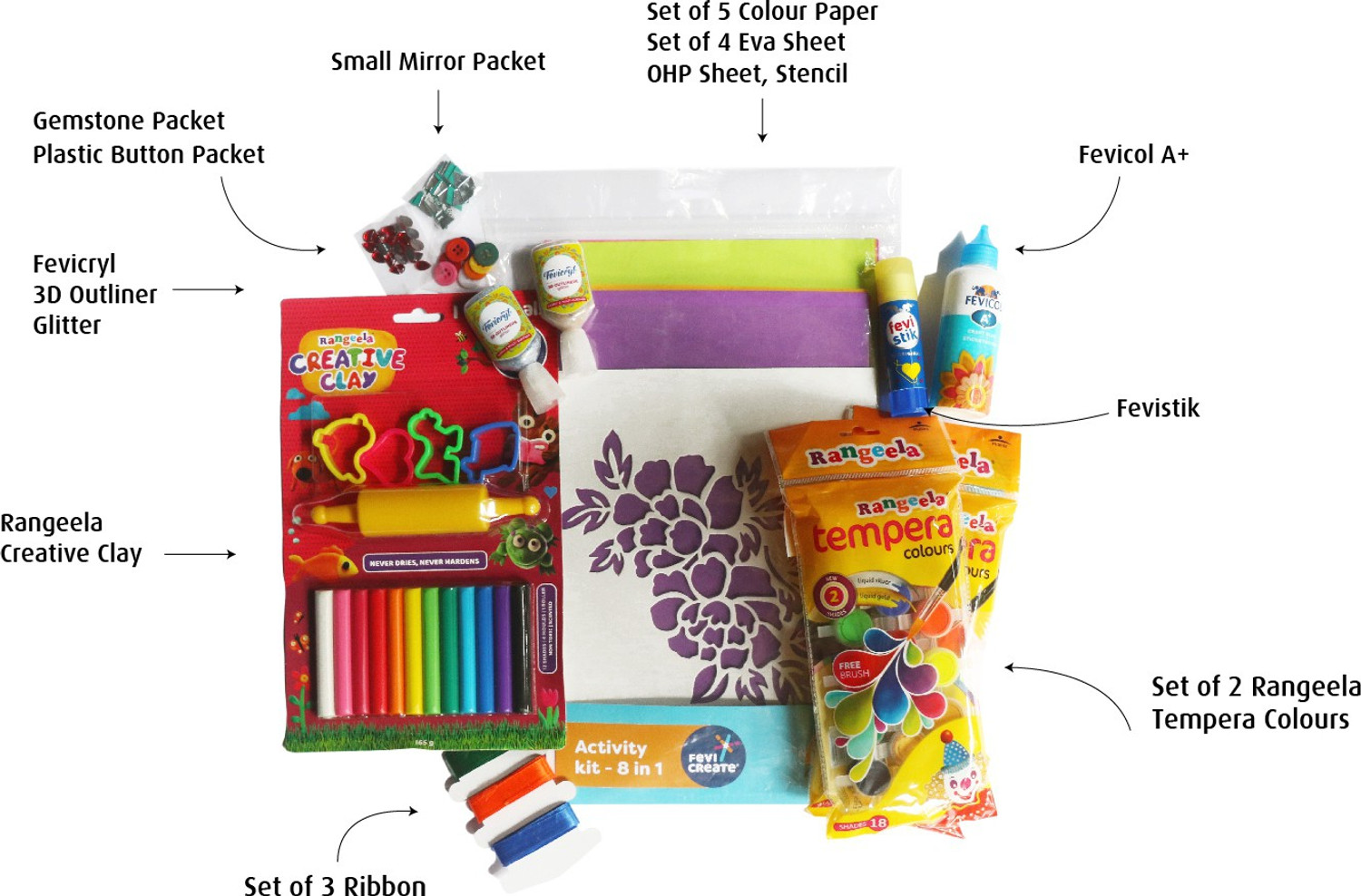 Image of Fevicreate Activity 8 in 1 Kit| 8 DIY activities in 1 Kit | Kit contains Fevicol A+, Rangeela Tempera Colours, Rangeela Clay, Fevistik, and more