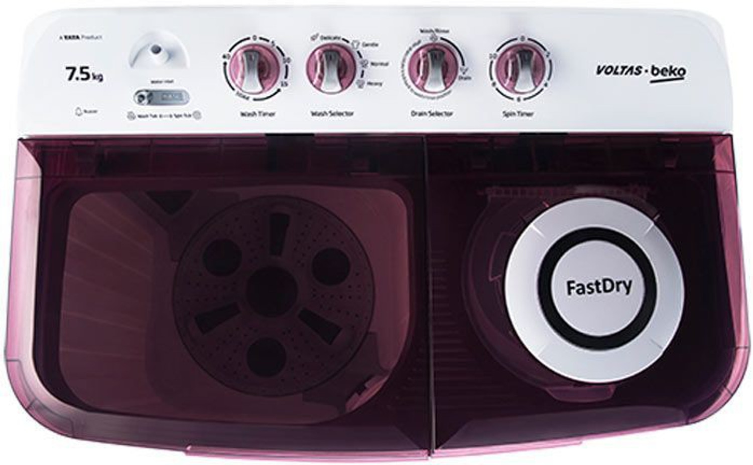 Image of Voltas Beko by A Tata Product 7.5 kg Semi Automatic Top Load Washing Machine White, Maroon