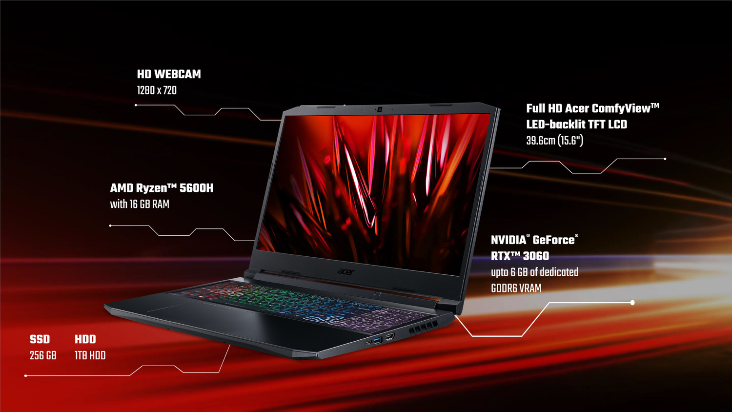 Image of Acer Nitro 5 AMD Ryzen 5 Hexa Core 5600H - (16 GB /1 TB HDD /256 GB SSD /Windows 10 Home /6 GB Graphics /NVIDIA GeForce RTX 3060 /144 Hz) AN515-45-R3TC Gaming Laptop