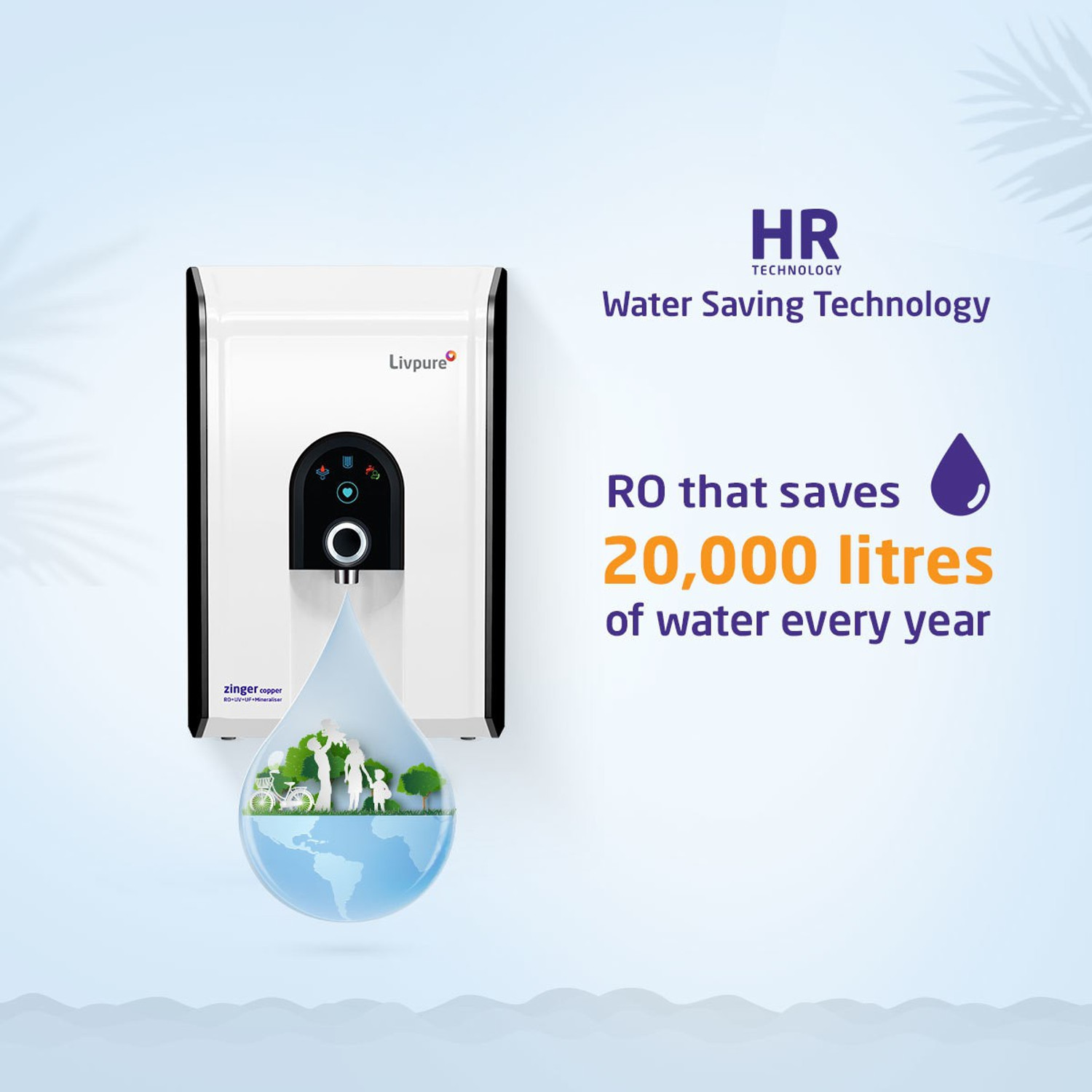 Image of LIVPURE Zinger Copper 6.5 L RO + UV + UF + Minerals + Copper Water Purifier 70% Water Recovery