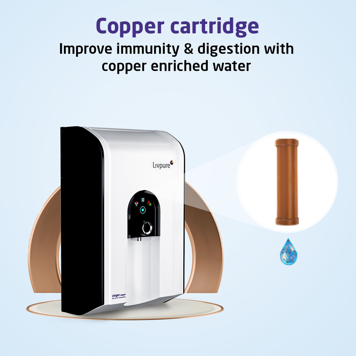 Image of LIVPURE Zinger Copper 6.5 L RO + UV + UF + Minerals + Copper Water Purifier 70% Water Recovery