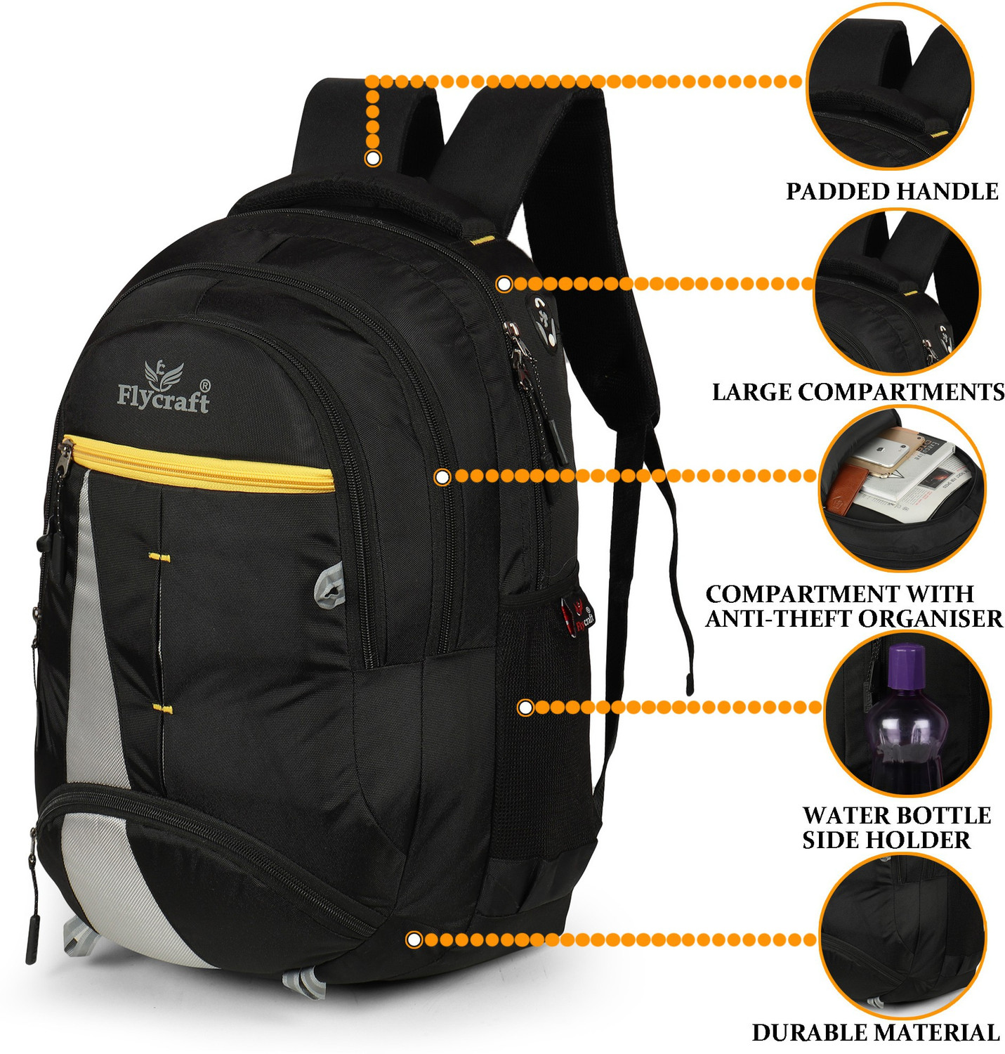 Flycraft simna.1555 4 black yellow spacy comfortable 4th to 10th class casual school bags Waterproof School Bag Black Yellow 30 L Price History