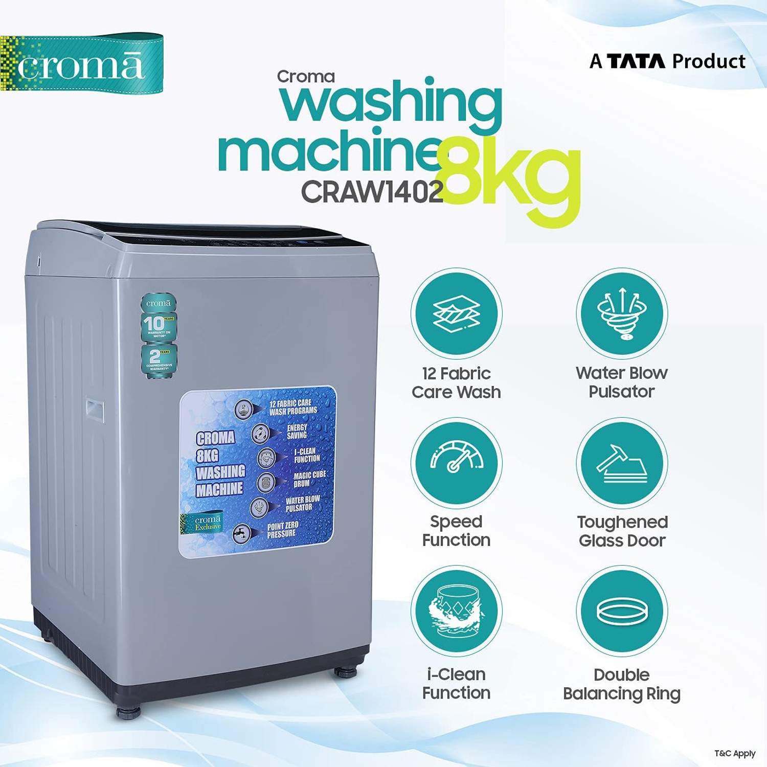 Image of Croma 8 kg Fully Automatic Top Load Washing Machine Grey