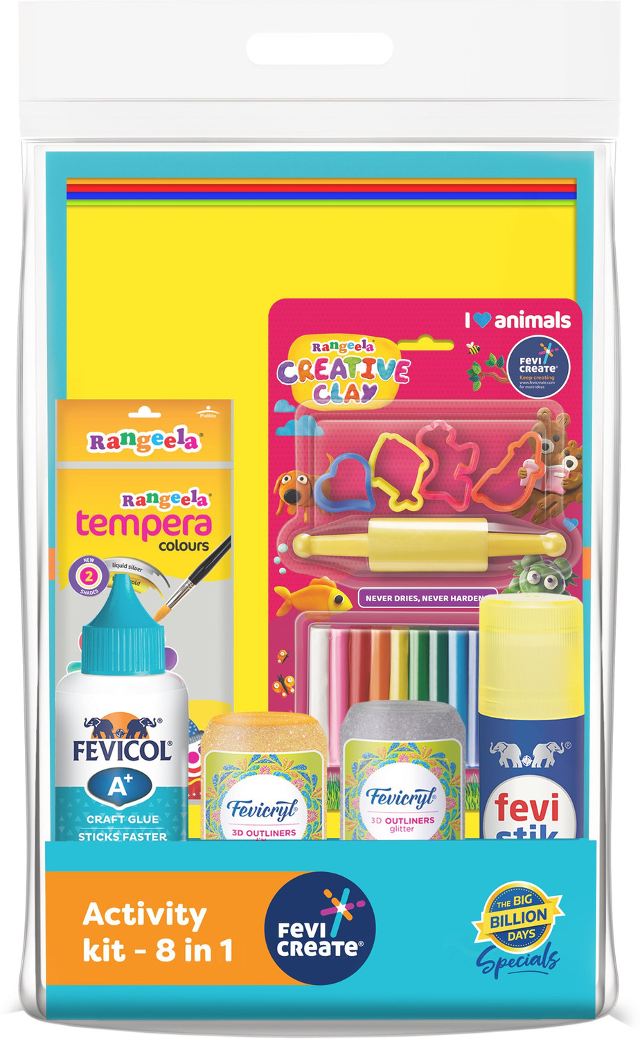 Image of Fevicreate Activity 8 in 1 Kit| 8 DIY activities in 1 Kit | Kit contains Fevicol A+, Rangeela Tempera Colours, Rangeela Clay, Fevistik, and more