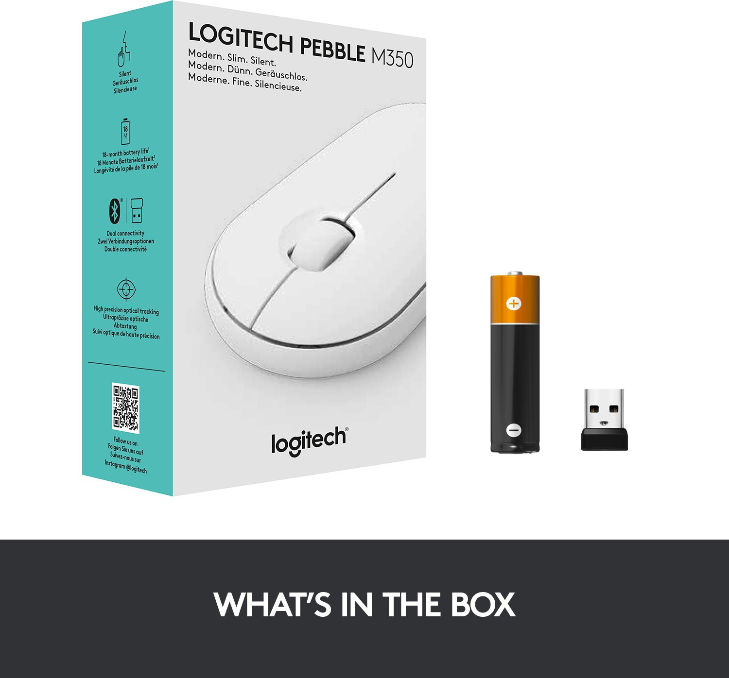 Image of Logitech Pebble M350 / Silent Buttons, Bluetooth or USB (Multi-Device Connectivity) Wireless Ambidextrous Optical Mouse
