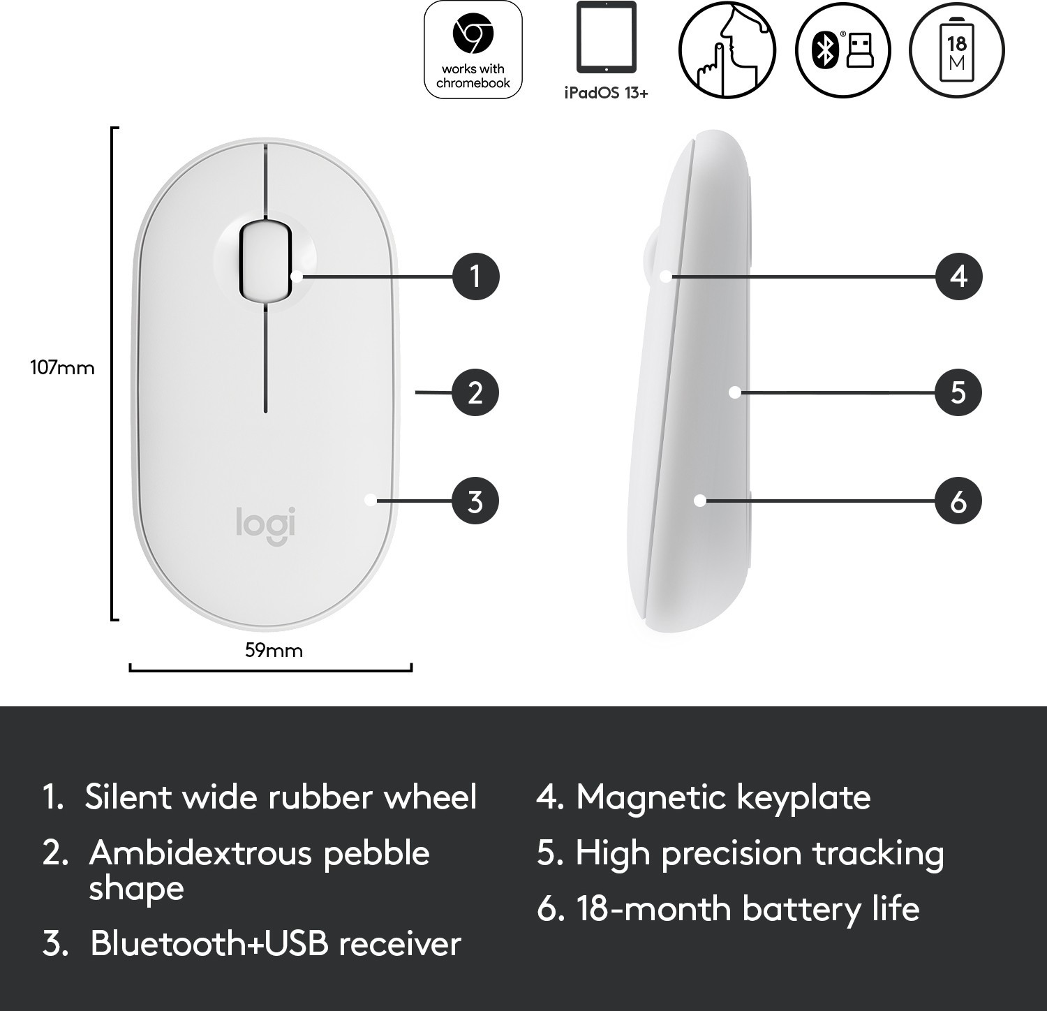 Image of Logitech Pebble M350 / Silent Buttons, Bluetooth or USB (Multi-Device Connectivity) Wireless Ambidextrous Optical Mouse