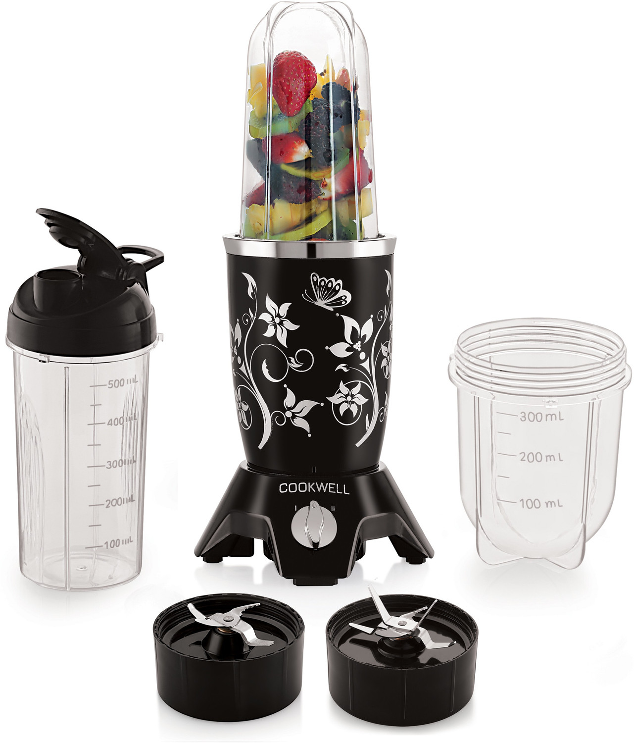 cookwell Push + Knob Bullet 600 Juicer Mixer Grinder (3 Jars, Black Flower)