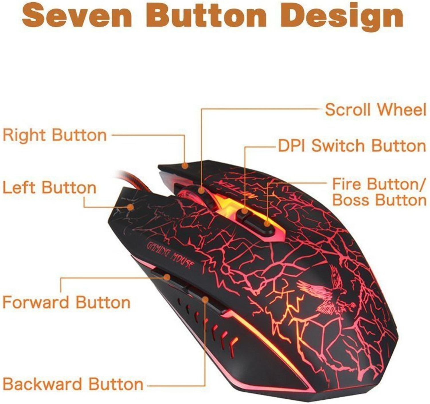 Image of gamerax Tag 9 2000 dpi LED Backlit USB Wired Gaming Mouse with Unbreakable ABS Body Wired Ambidextrous Optical Gaming Mouse
