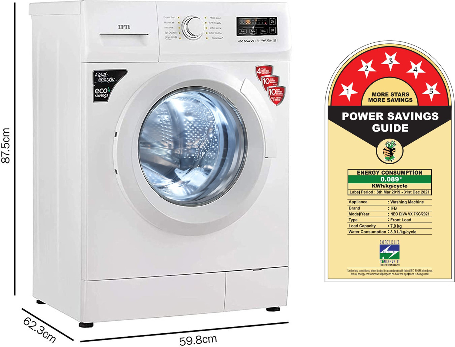 Image of IFB 7 kg Fully Automatic Front Load Washing Machine with In-built Heater White