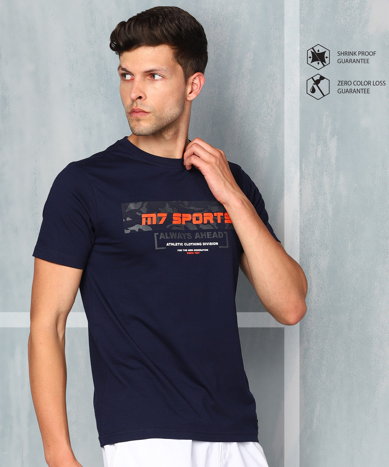 Image of M7 By Metronaut Printed Men Round Neck Dark Blue T-Shirt