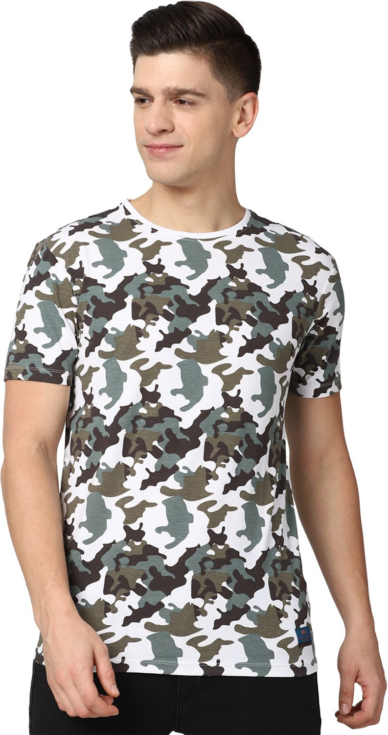Image of PETER ENGLAND Men Military Camouflage Round Neck Pure Cotton White T-Shirt
