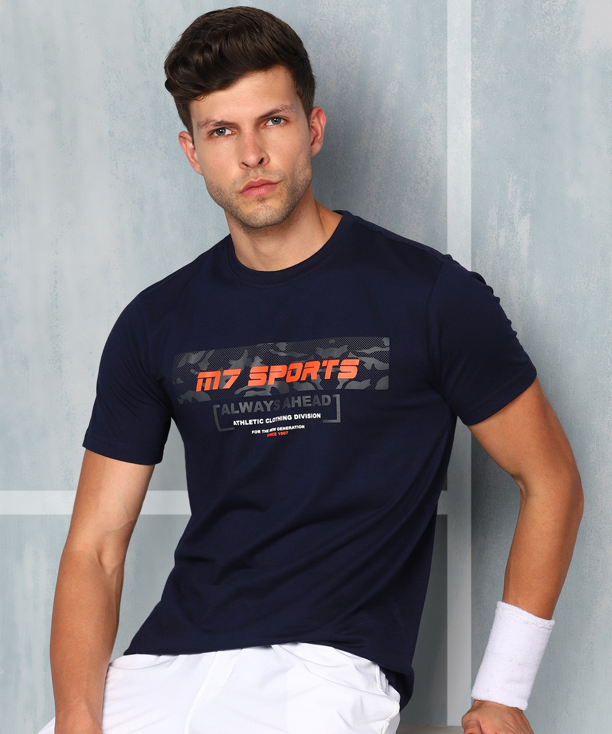 Image of M7 By Metronaut Printed Men Round Neck Dark Blue T-Shirt