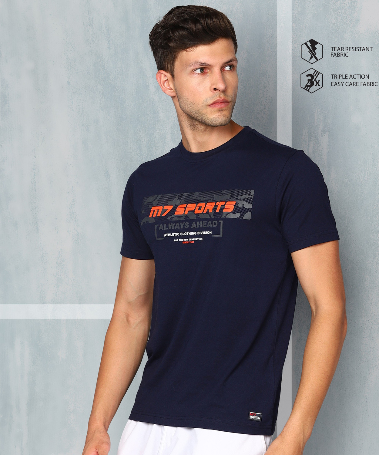 Image of M7 By Metronaut Printed Men Round Neck Dark Blue T-Shirt