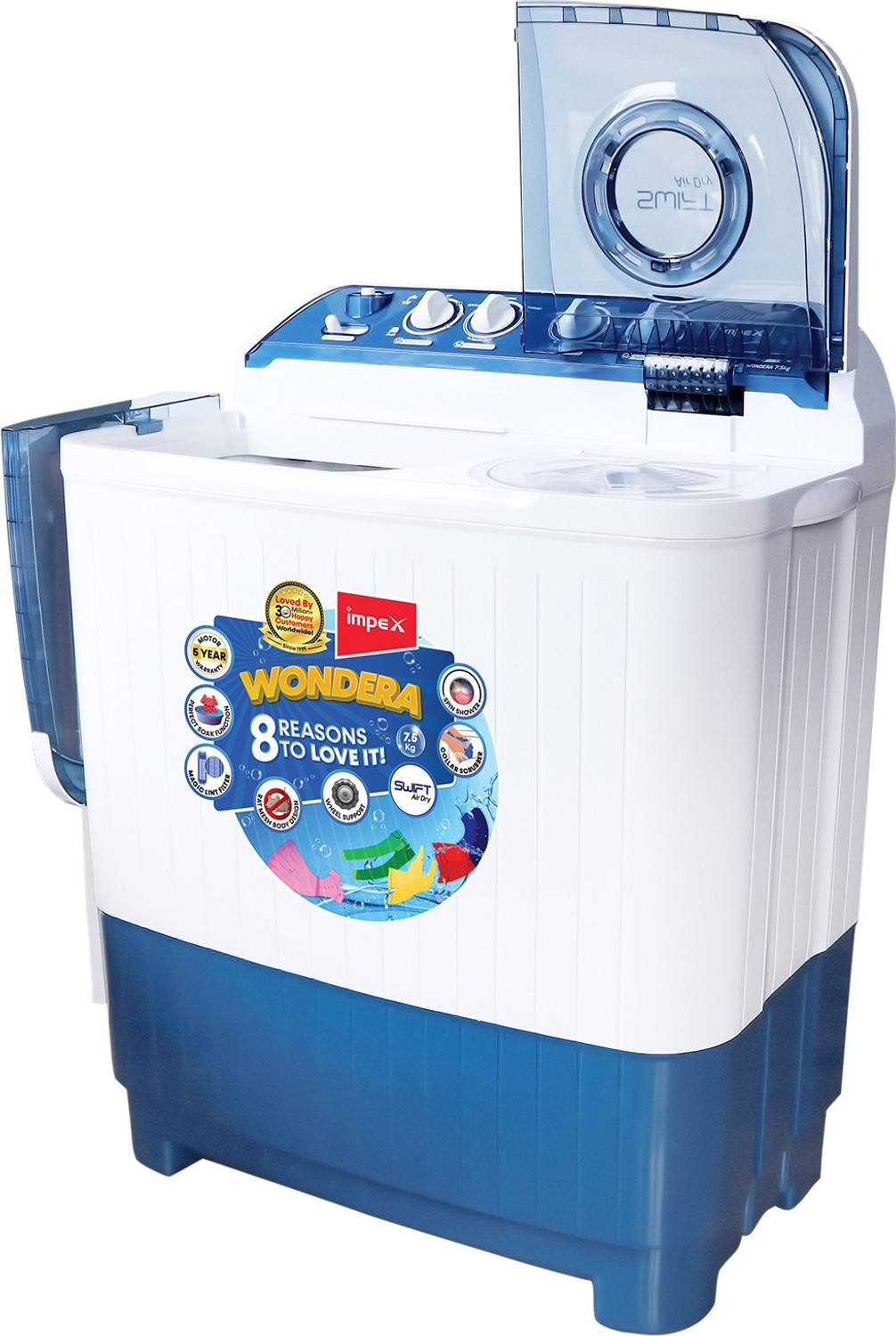 Image of IMPEX 7.5 kg Semi Automatic Top Load Washing Machine White