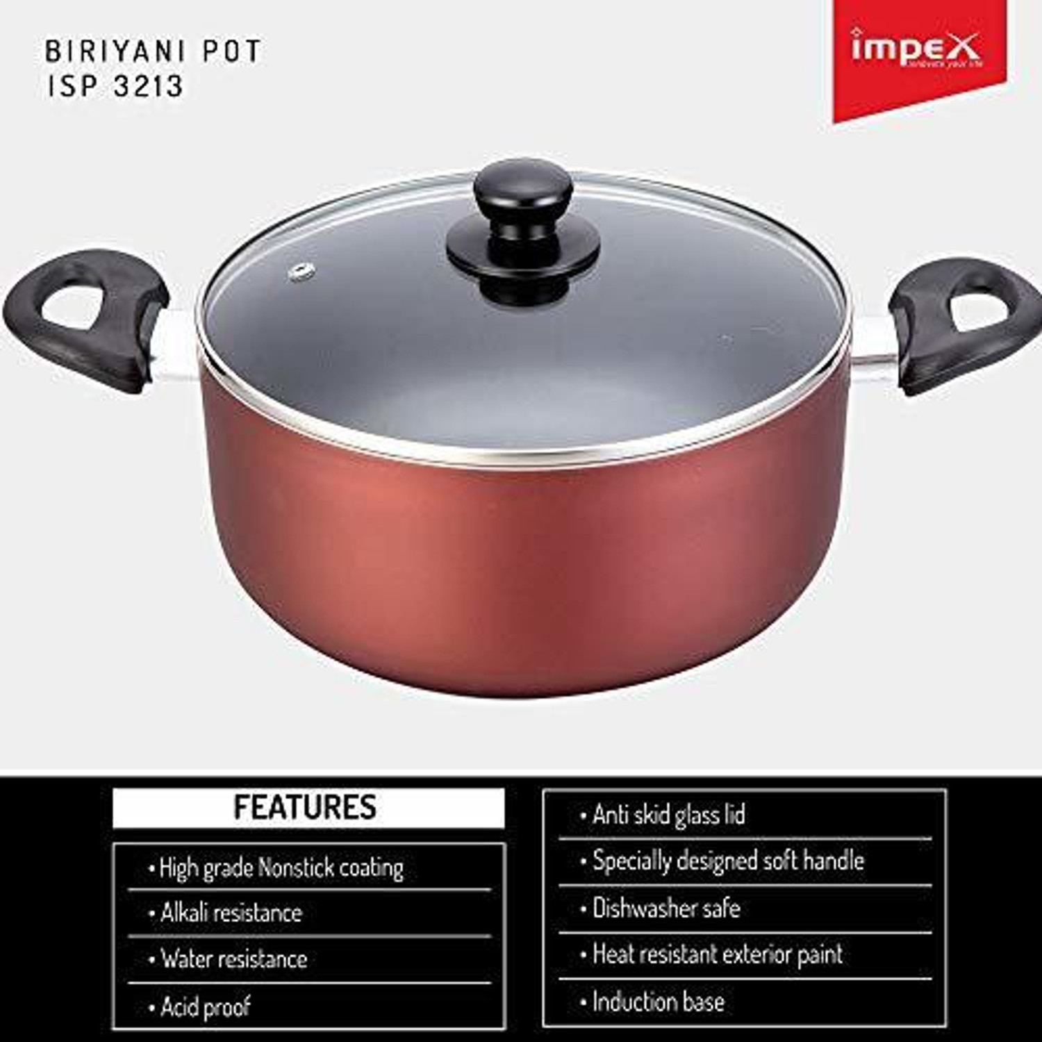 Image of IMPEX ISP 3213 Biryani pot Nonstick Induction Bottom Pot 32 cm diameter 10 L capacity with Lid