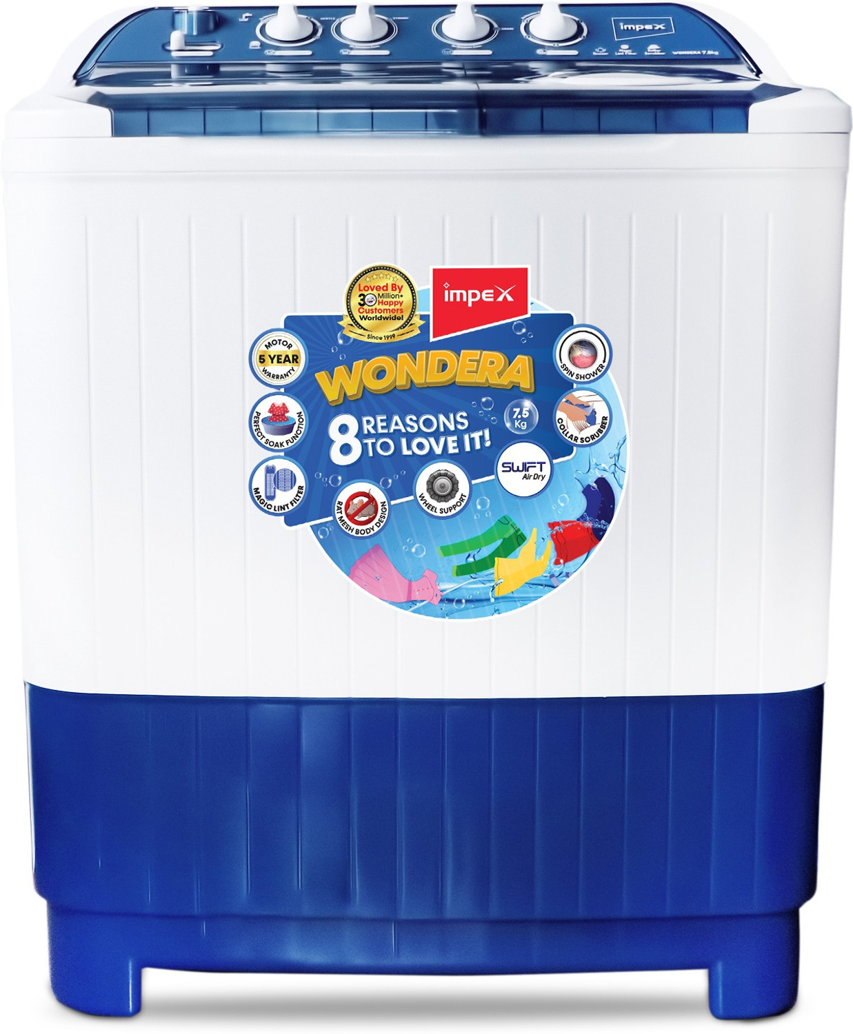 Image of IMPEX 7.5 kg Semi Automatic Top Load Washing Machine White