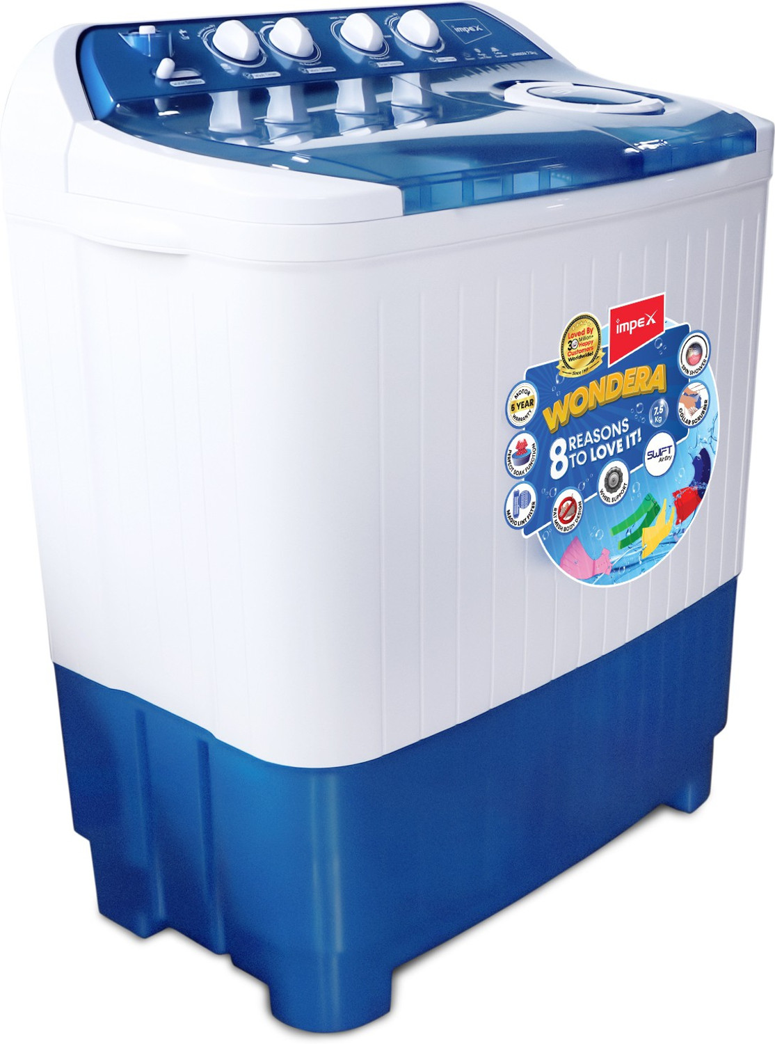 Image of IMPEX 7.5 kg Semi Automatic Top Load Washing Machine White