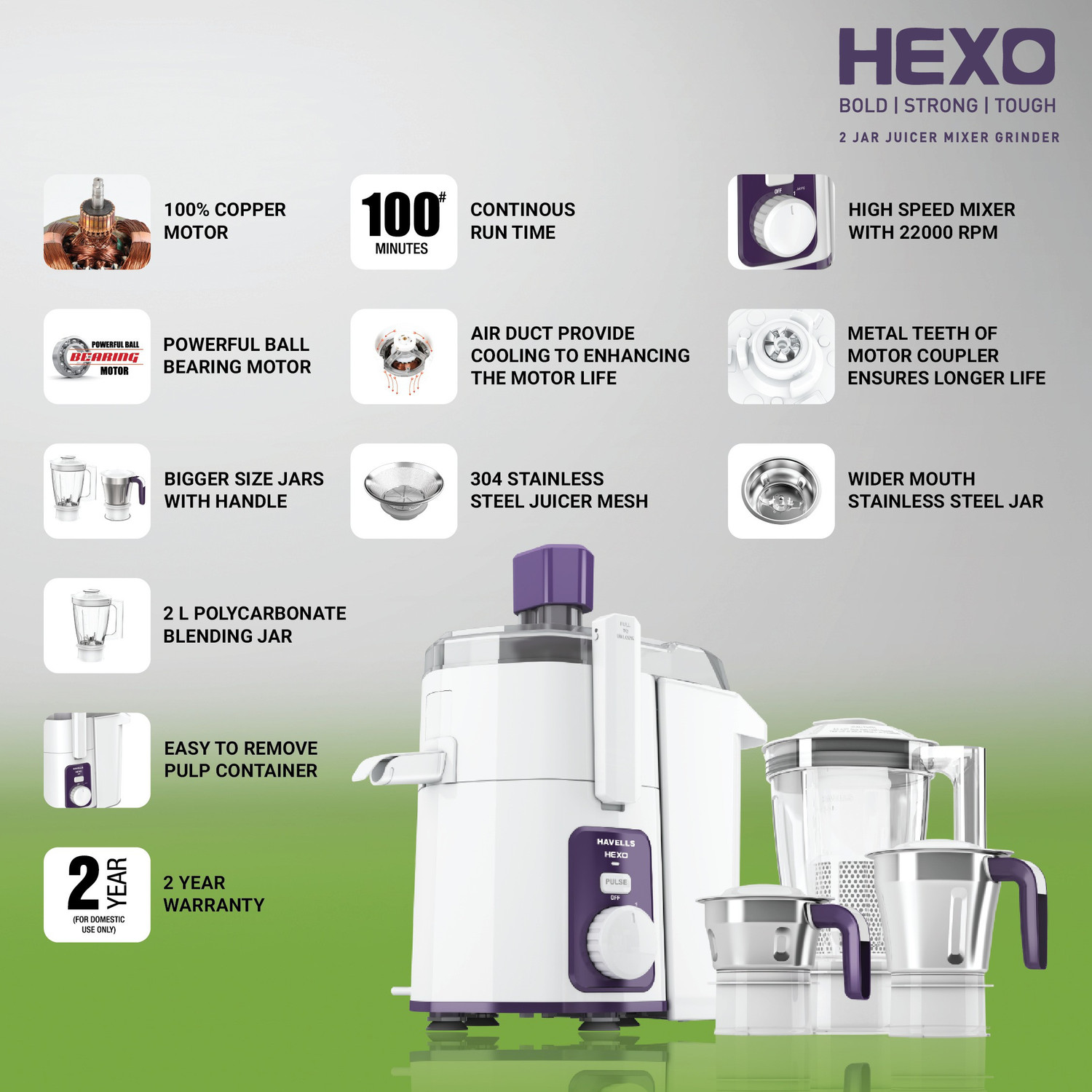 Image of HAVELLS Hexo 1000 W Juicer Mixer Grinder