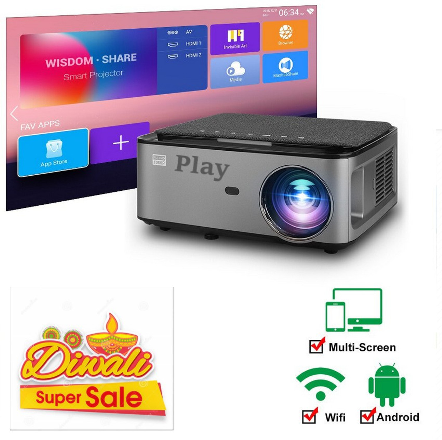 Image of PLAY MP9A True 4k HD Android 4K 2k Projector Bluetooth 4D keystone BIG Display (9800 lm / Wireless / Remote Controller) Portable Projector