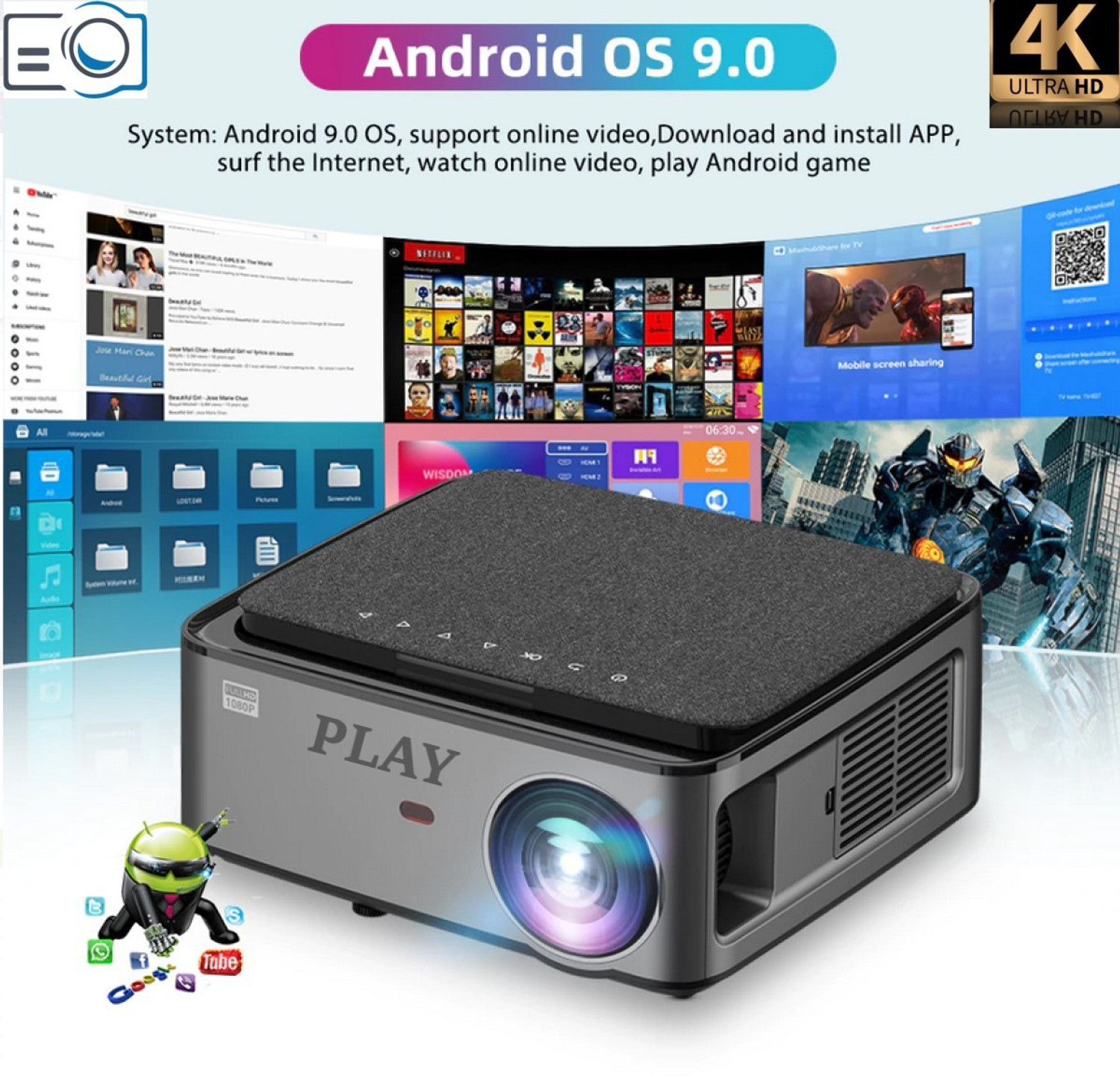 Image of PLAY MP9A True 4k HD Android 4K 2k Projector Bluetooth 4D keystone BIG Display (9800 lm / Wireless / Remote Controller) Portable Projector