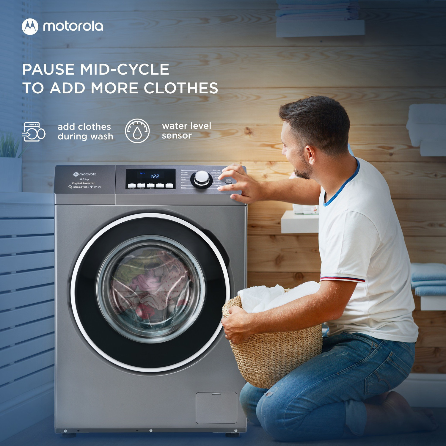 Image of MOTOROLA 6.5 kg with Steam Smart Wi-Fi Enabled Enabled Inverter Technology Fully Automatic Front Load Washing Machine with In-built Heater Grey