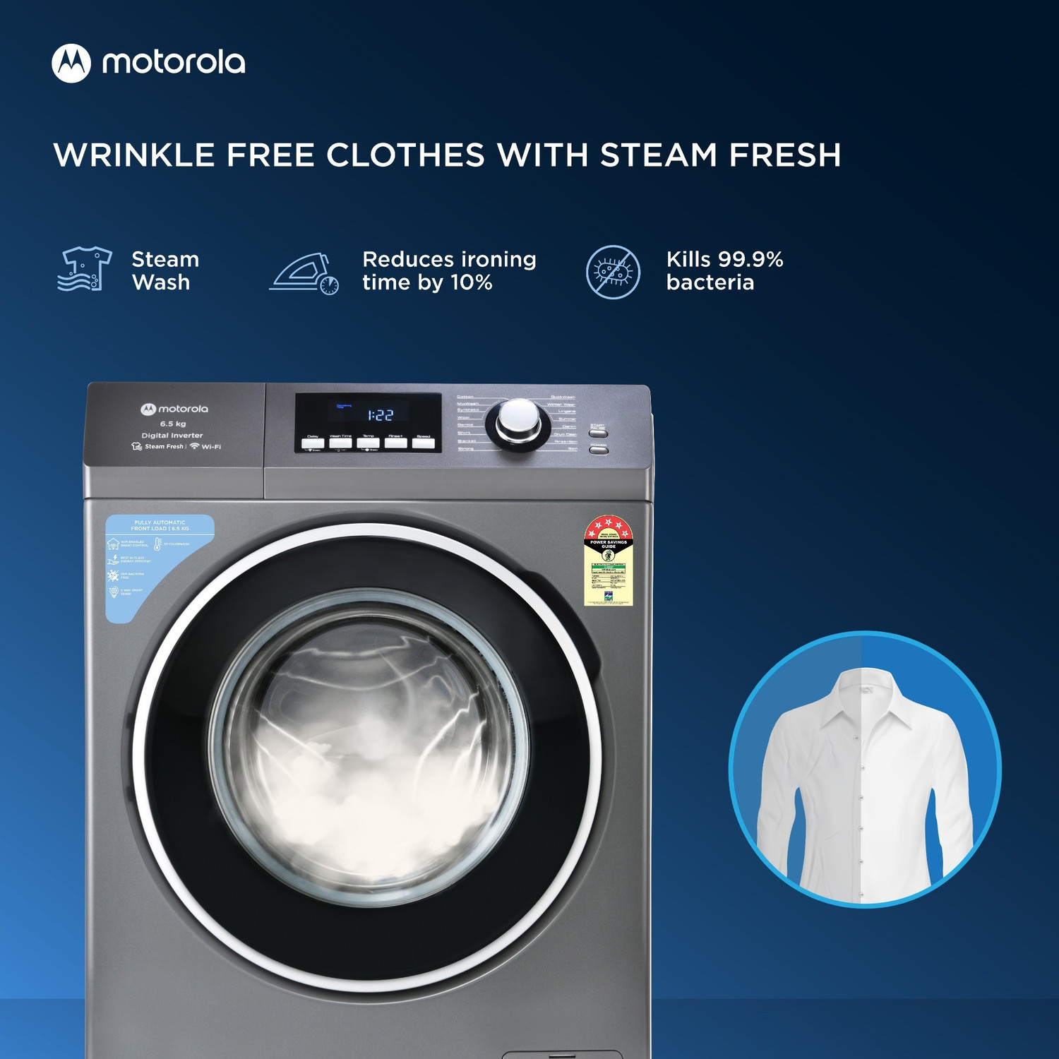 Image of MOTOROLA 6.5 kg with Steam Smart Wi-Fi Enabled Enabled Inverter Technology Fully Automatic Front Load Washing Machine with In-built Heater Grey