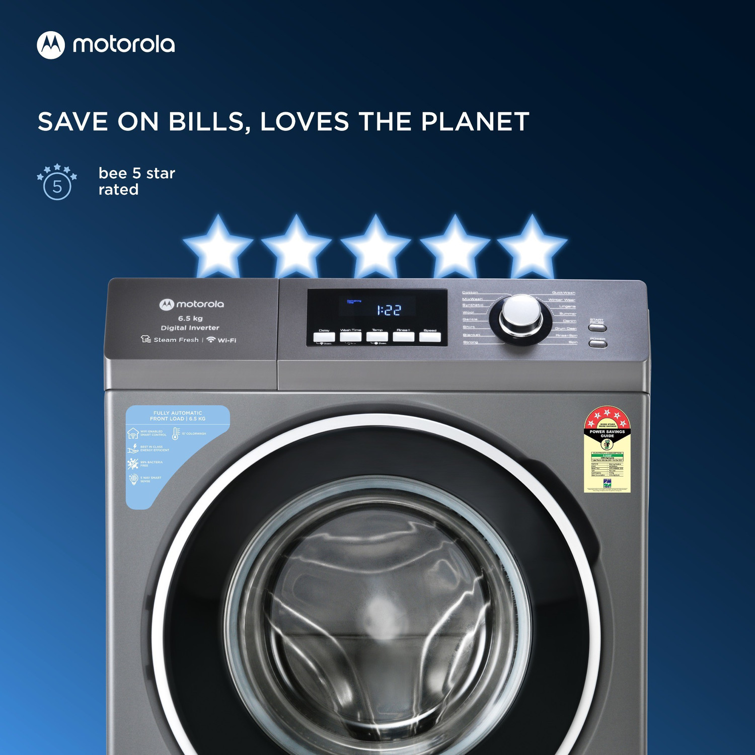 Image of MOTOROLA 6.5 kg with Steam Smart Wi-Fi Enabled Enabled Inverter Technology Fully Automatic Front Load Washing Machine with In-built Heater Grey