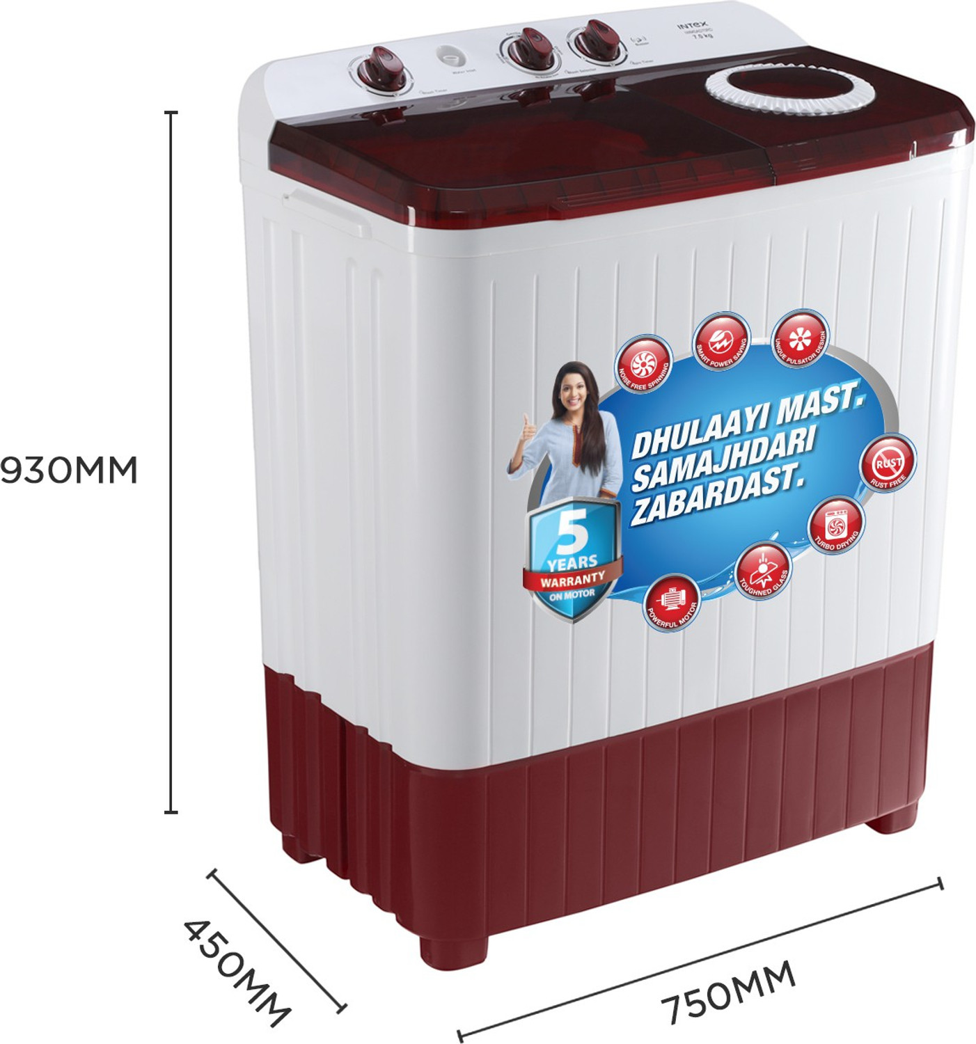 Image of Intex 7 kg Semi Automatic Top Load Washing Machine Red, White