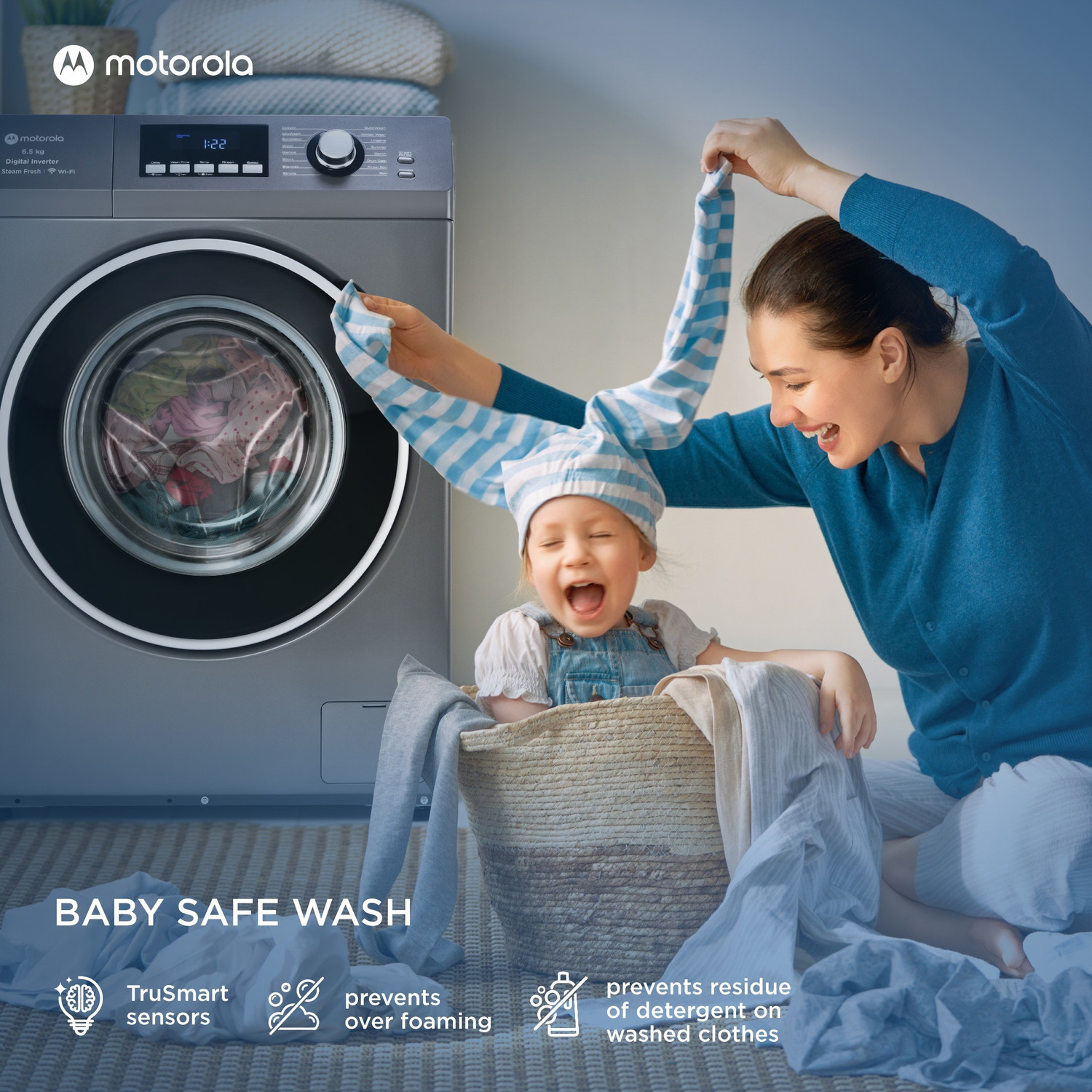 Image of MOTOROLA 6.5 kg with Steam Smart Wi-Fi Enabled Enabled Inverter Technology Fully Automatic Front Load Washing Machine with In-built Heater Grey