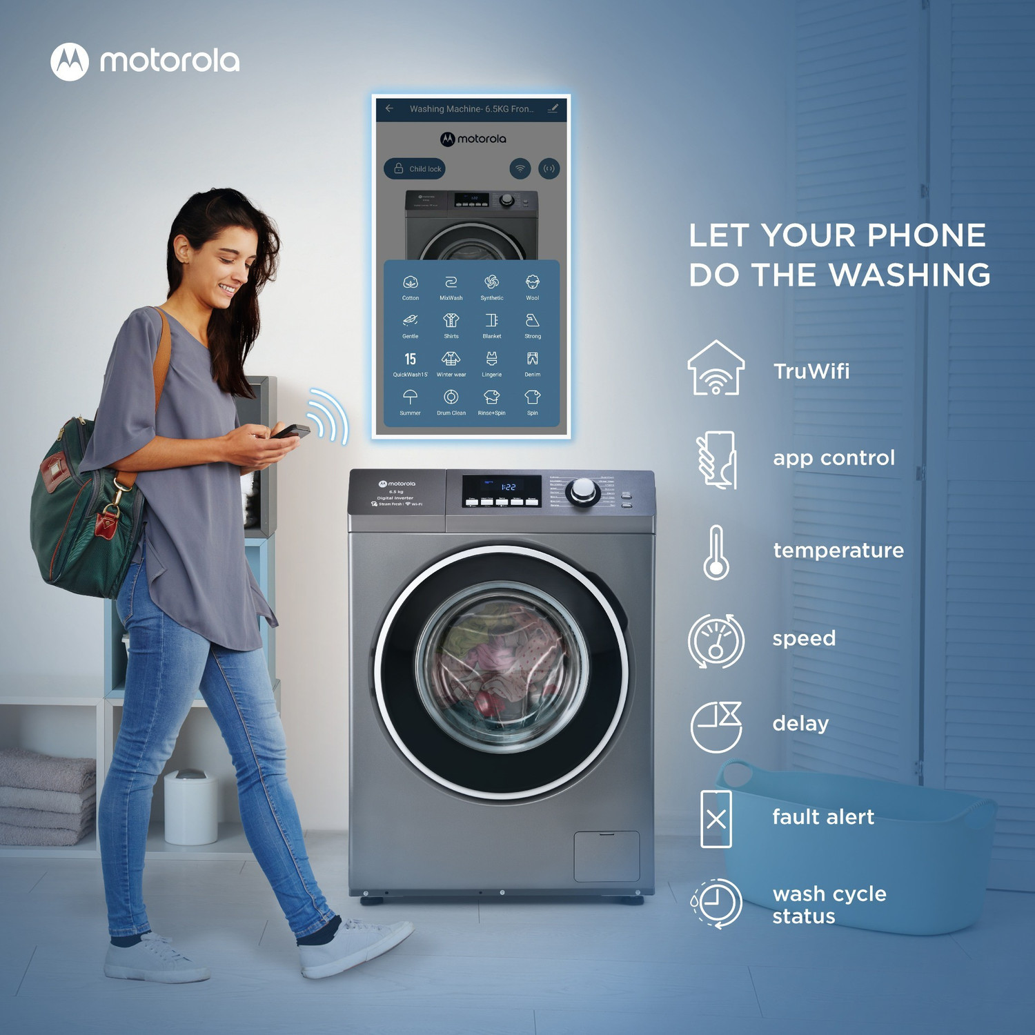 Image of MOTOROLA 6.5 kg with Steam Smart Wi-Fi Enabled Enabled Inverter Technology Fully Automatic Front Load Washing Machine with In-built Heater Grey