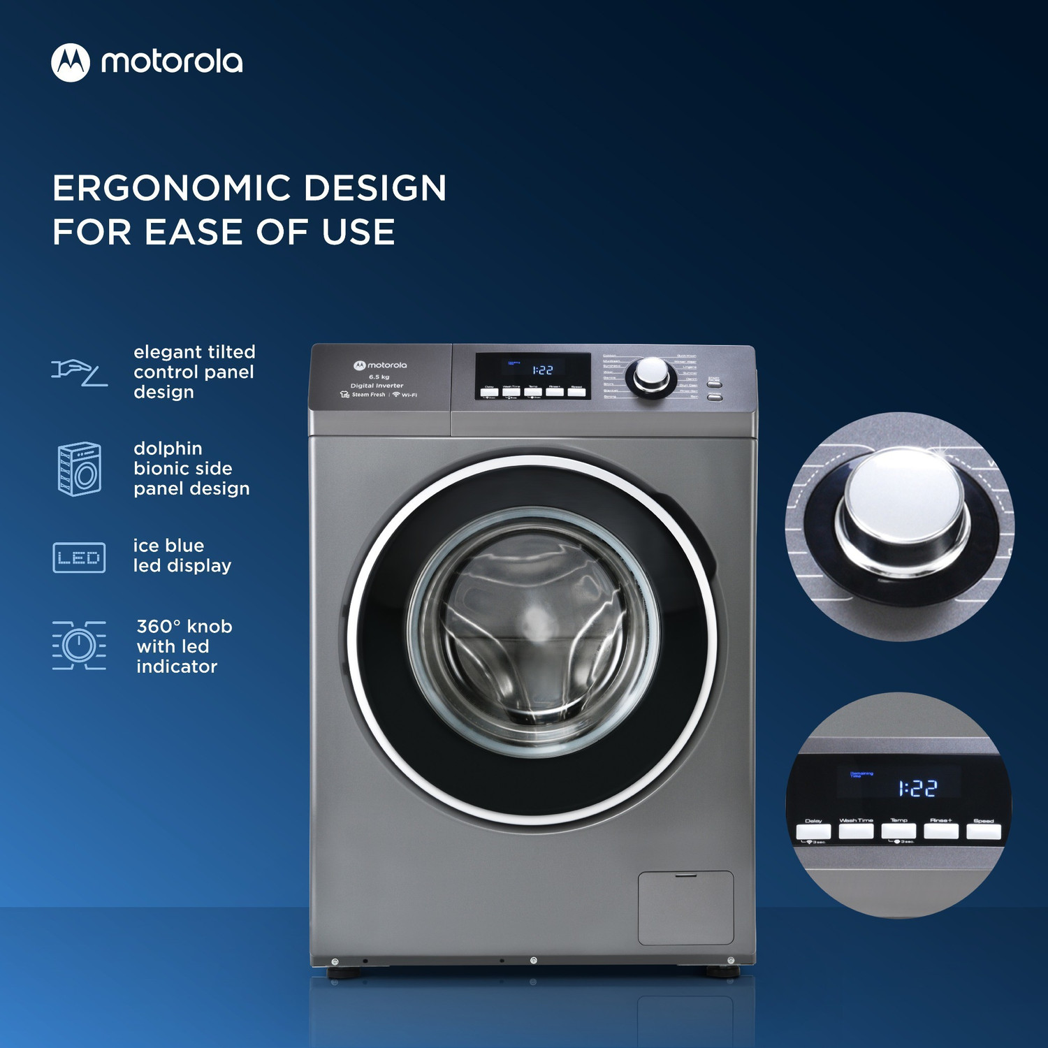 Image of MOTOROLA 6.5 kg with Steam Smart Wi-Fi Enabled Enabled Inverter Technology Fully Automatic Front Load Washing Machine with In-built Heater Grey