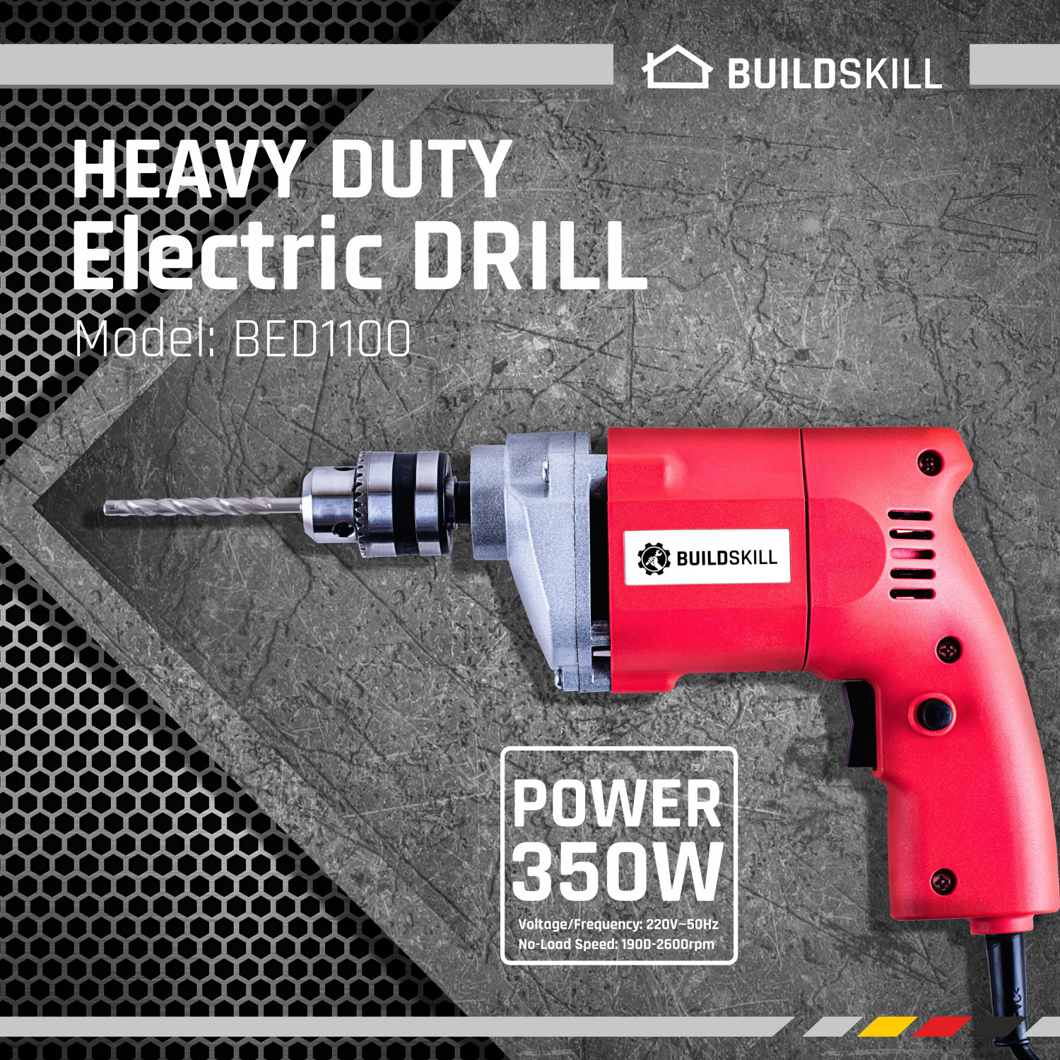 Image of BUILDSKILL 10MM Professional Powerful Heavy Drill Machine with 7 High Quality Bits BED1100 RedBits Pistol Grip Drill