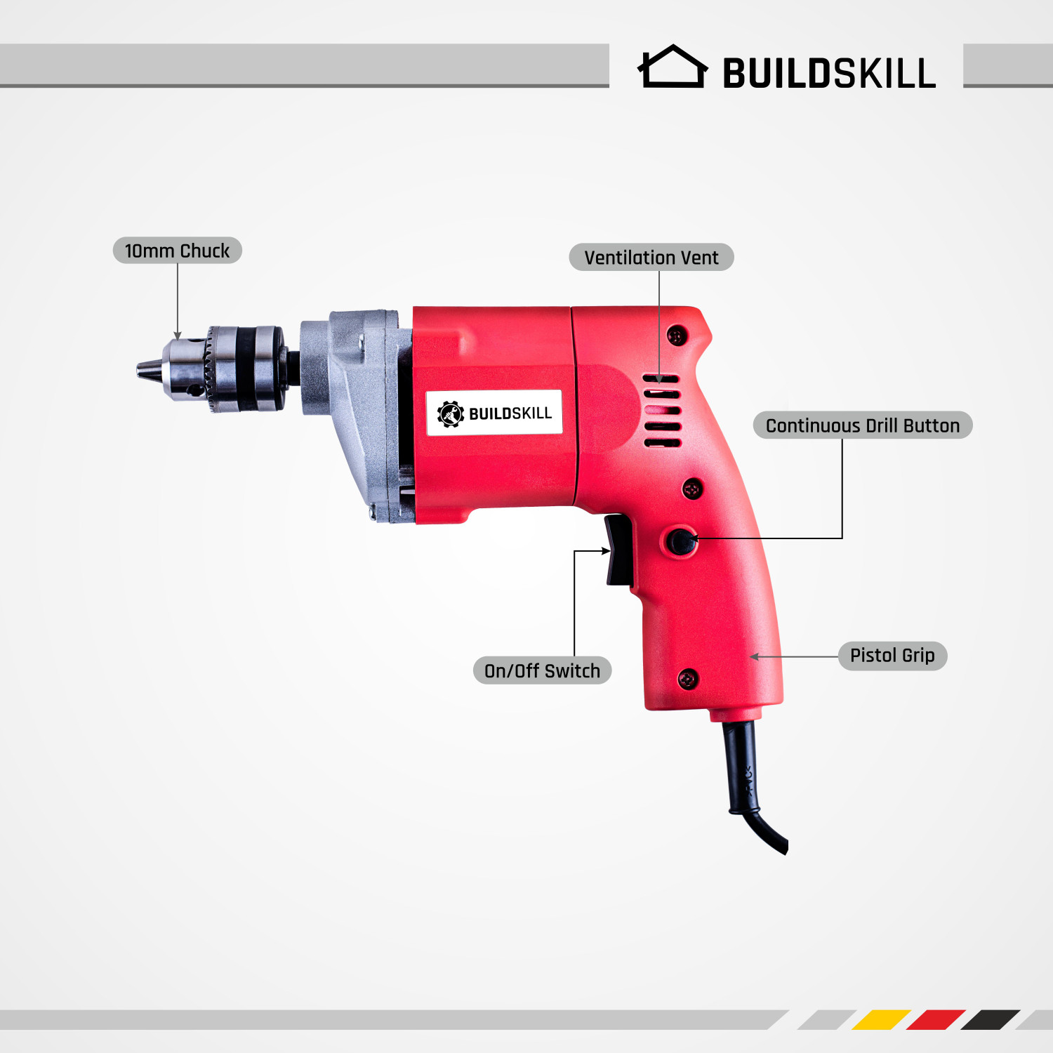 Image of BUILDSKILL 10MM Professional Powerful Heavy Drill Machine with 7 High Quality Bits BED1100 RedBits Pistol Grip Drill
