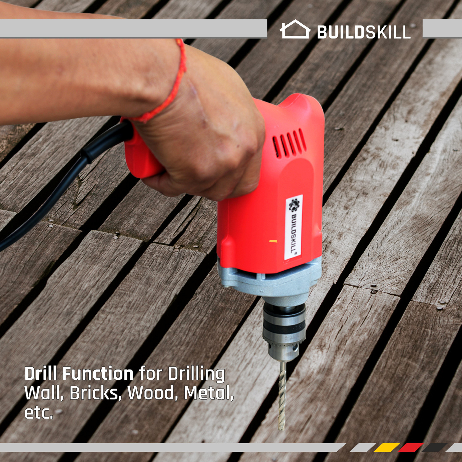 Image of BUILDSKILL 10MM Professional Powerful Heavy Drill Machine with 7 High Quality Bits BED1100 RedBits Pistol Grip Drill