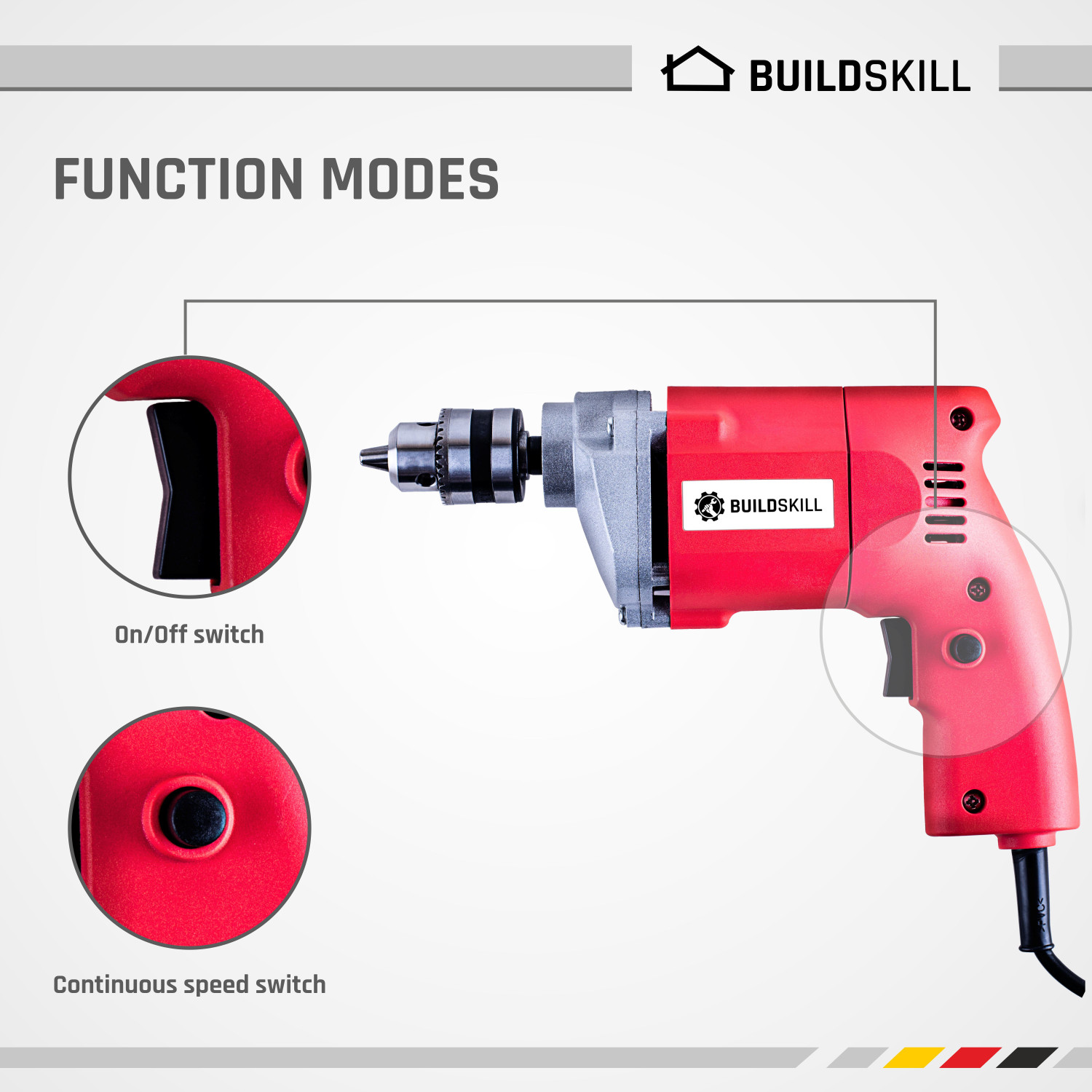 Image of BUILDSKILL 10MM Professional Powerful Heavy Drill Machine with 7 High Quality Bits BED1100 RedBits Pistol Grip Drill