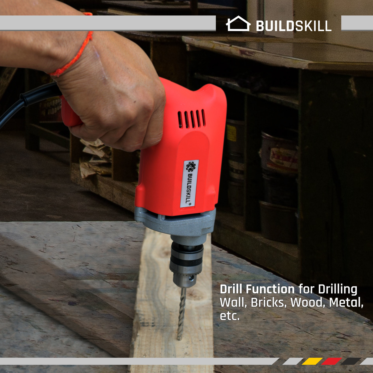 Image of BUILDSKILL 10MM Professional Powerful Heavy Drill Machine with 7 High Quality Bits BED1100 RedBits Pistol Grip Drill