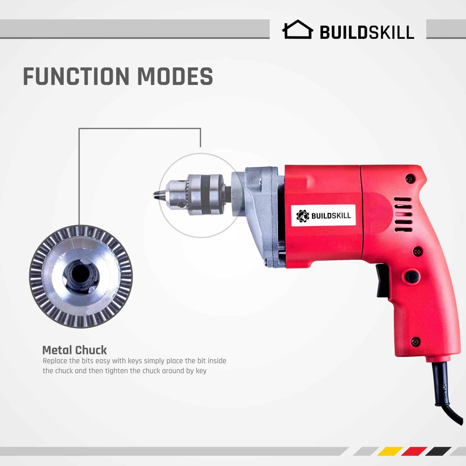 Image of BUILDSKILL 10MM Professional Powerful Heavy Drill Machine with 7 High Quality Bits BED1100 RedBits Pistol Grip Drill