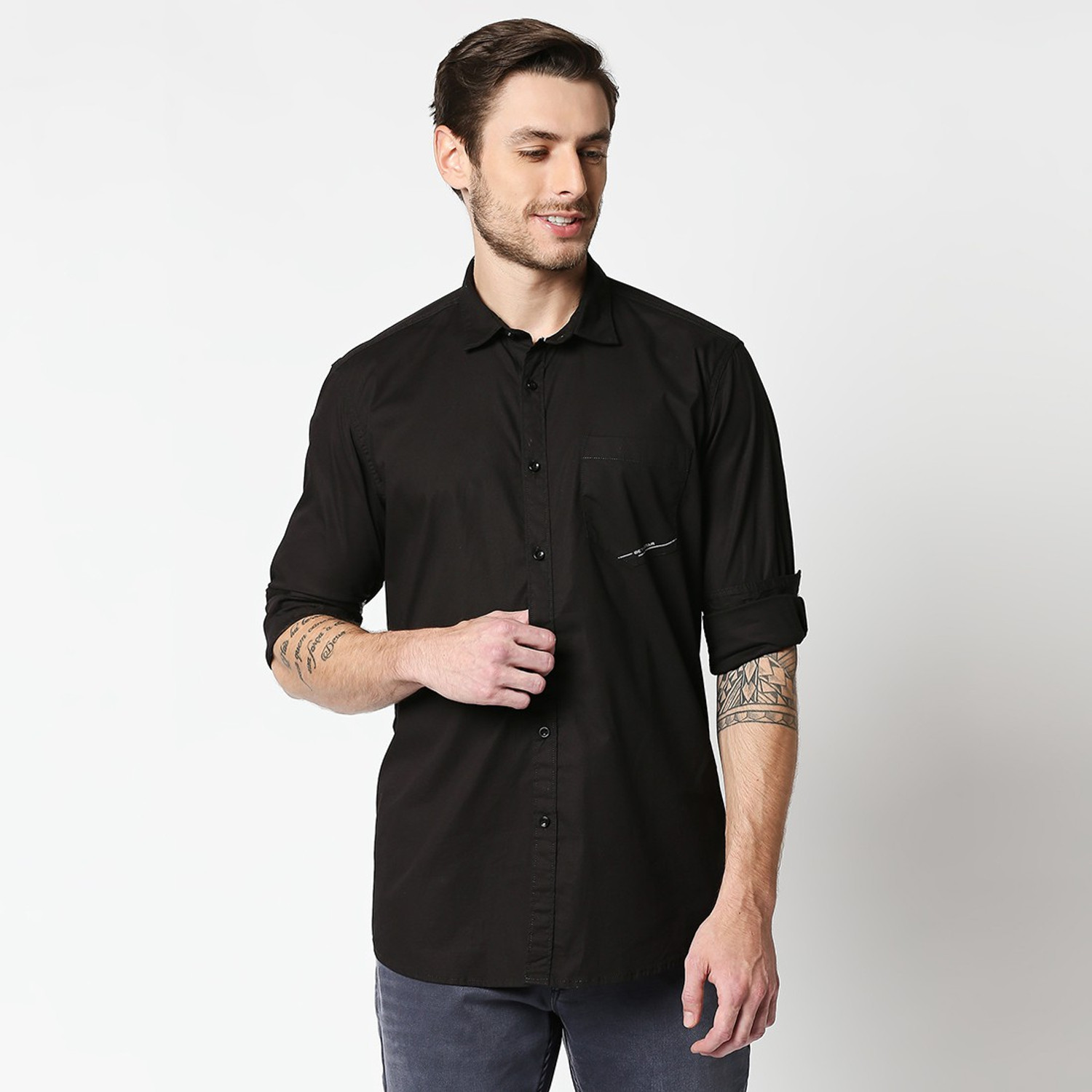 Image of LawmanPg3 X Rocky Star Men Solid Casual Black Shirt