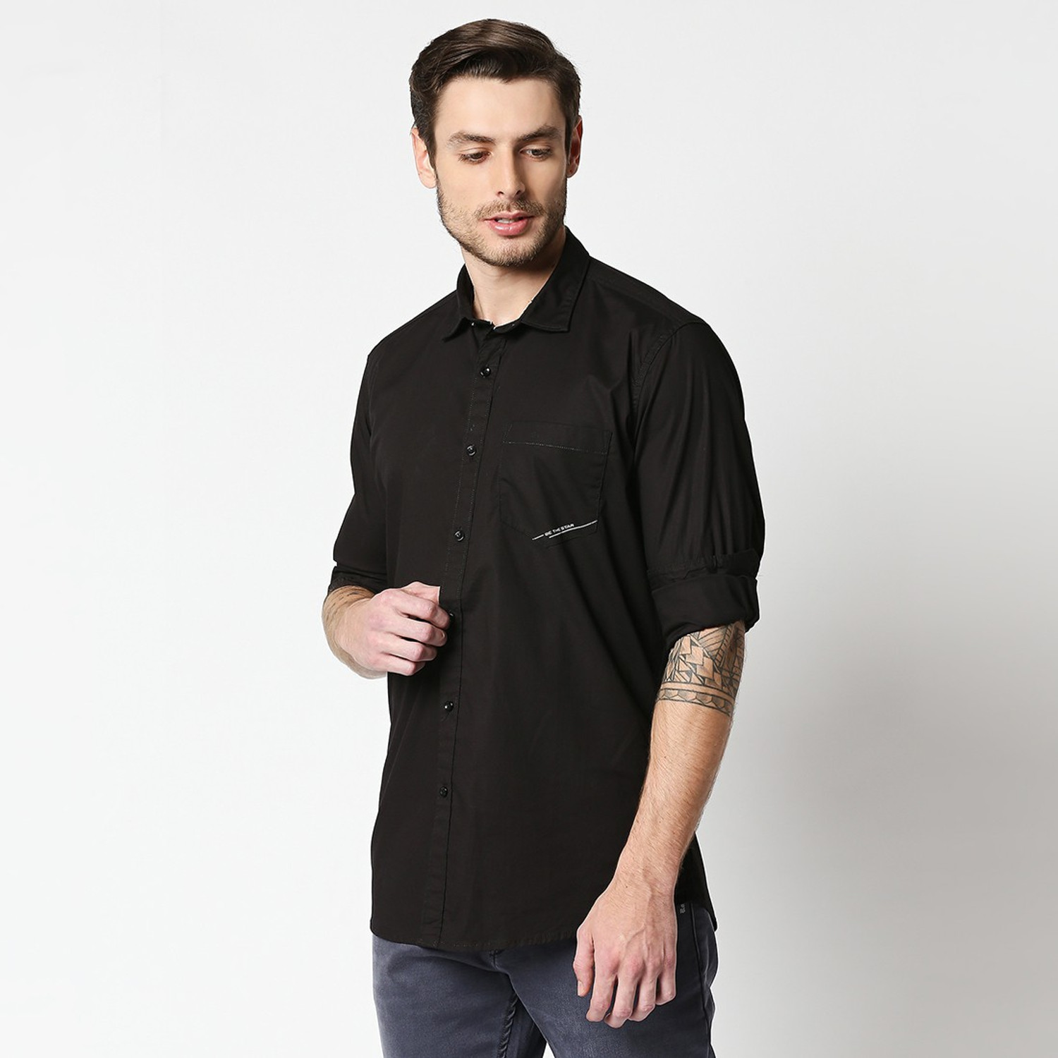 Image of LawmanPg3 X Rocky Star Men Solid Casual Black Shirt