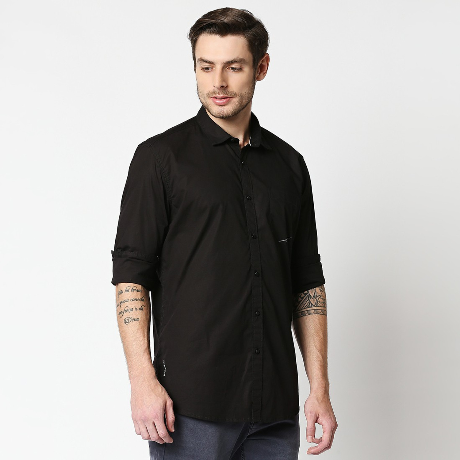 Image of LawmanPg3 X Rocky Star Men Solid Casual Black Shirt