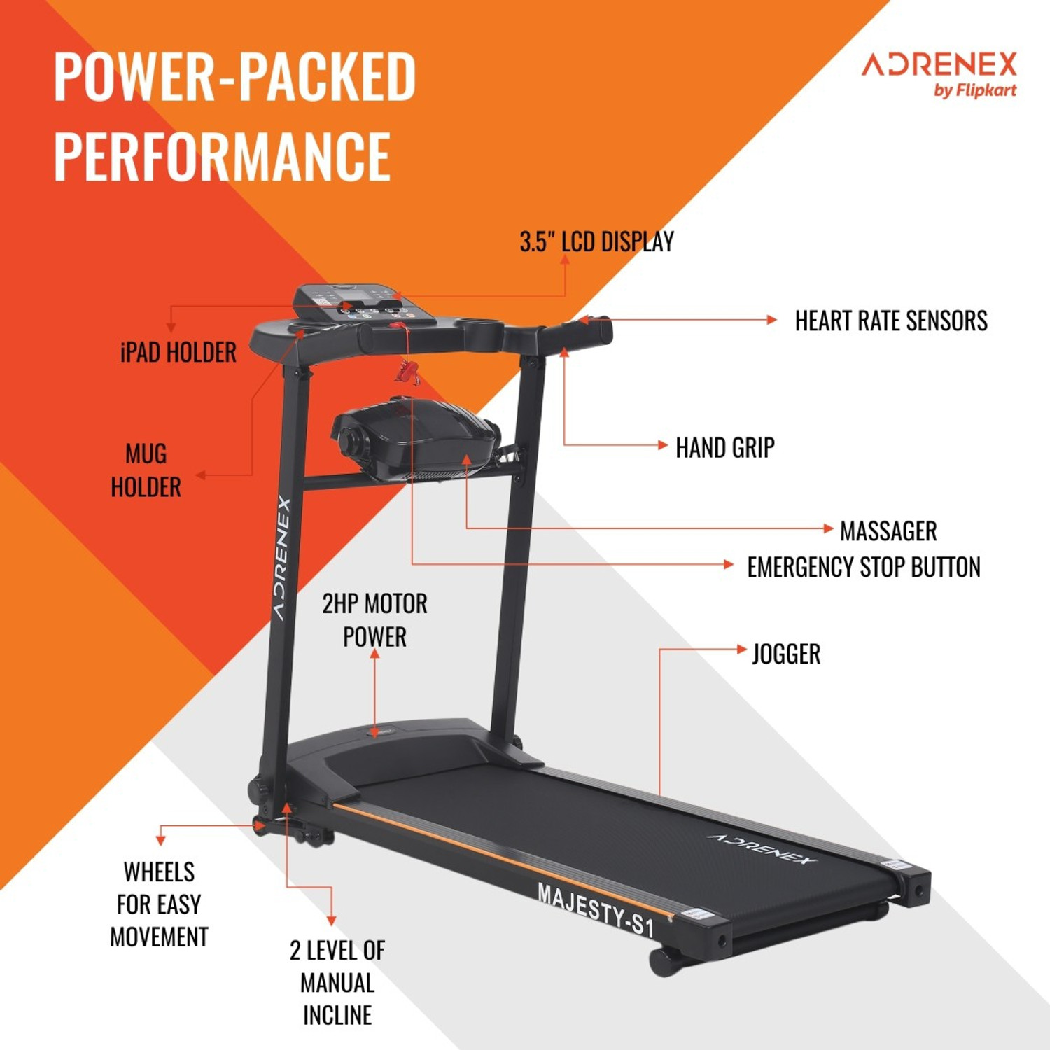 Image of Adrenex by Flipkart Majesty S1 Treadmill with Massager,2HP Peak Multipurpose Motorized Treadmill for Home Gym Running Exercise Treadmill (Max Weight:100 kg)