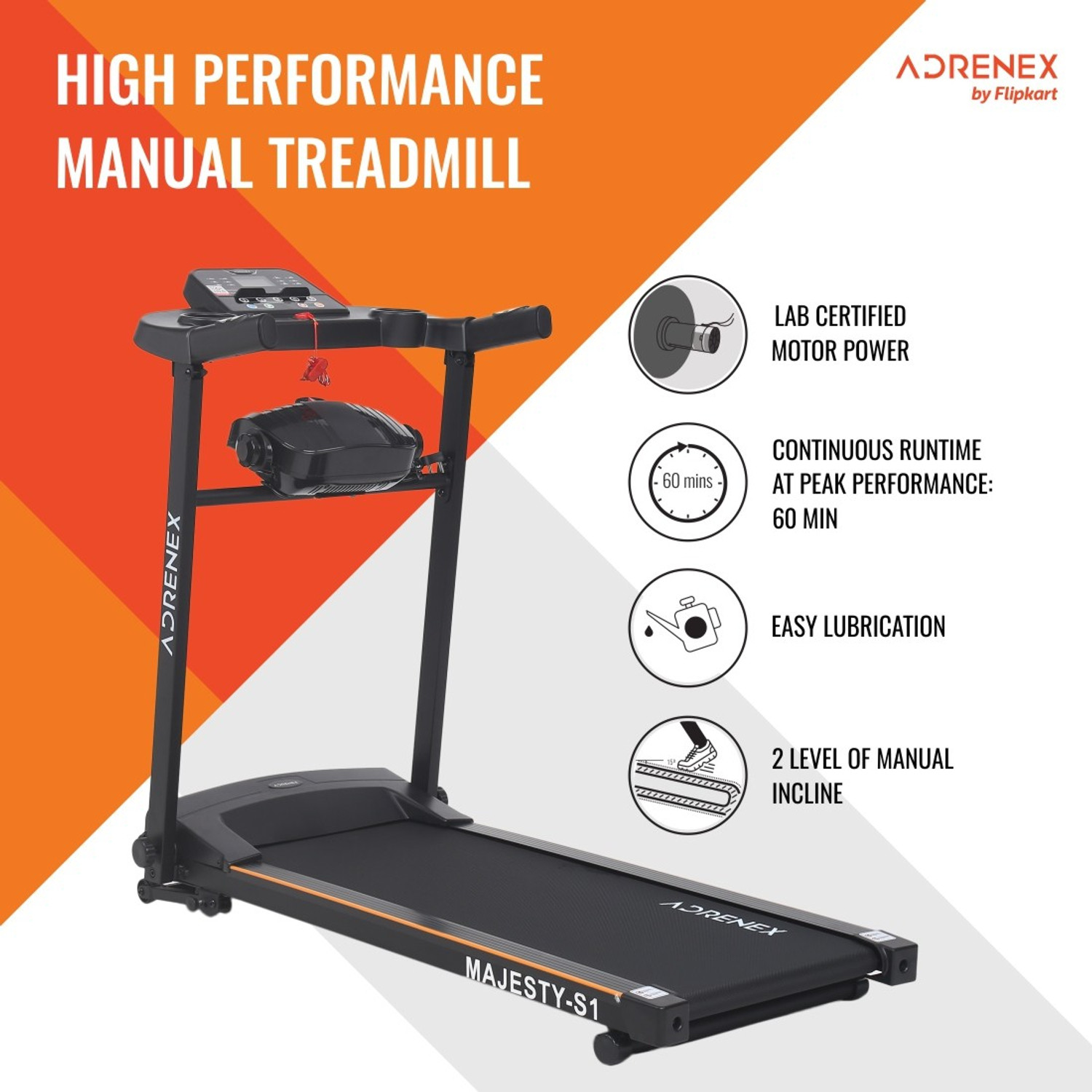 Image of Adrenex by Flipkart Majesty S1 Treadmill with Massager,2HP Peak Multipurpose Motorized Treadmill for Home Gym Running Exercise Treadmill (Max Weight:100 kg)